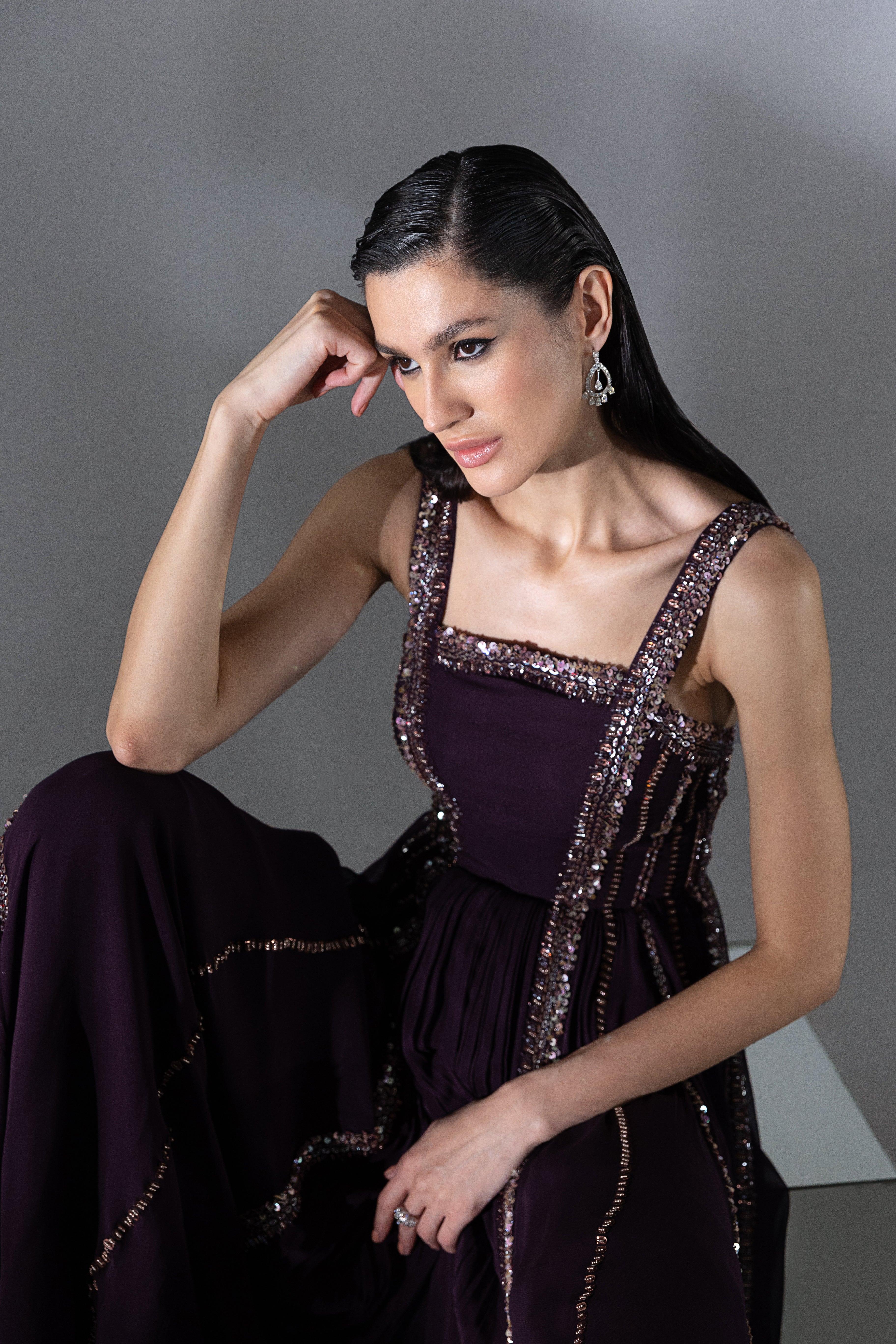 Aubergine Flared Jumpsuit - Radhika Soni
