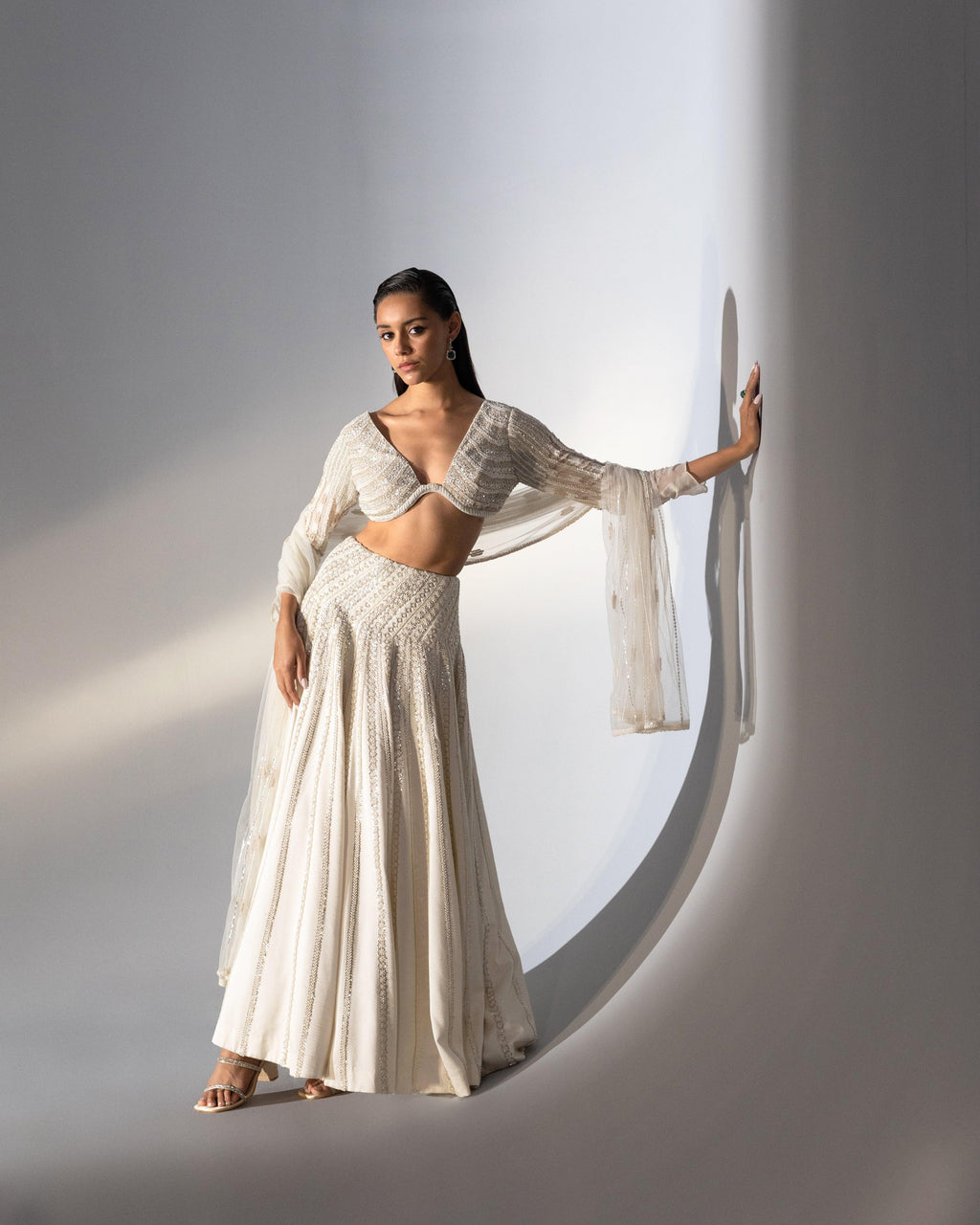 Ivory Asymmetric Lehenga Set - Radhika Soni