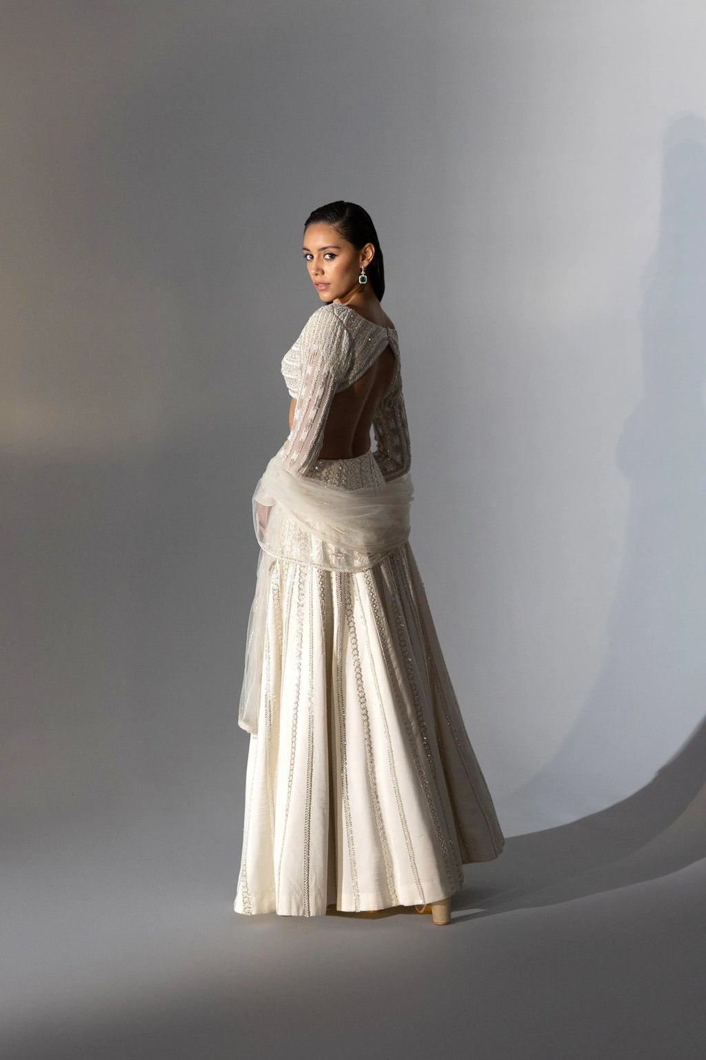 Ivory Asymmetric Lehenga Set - Radhika Soni