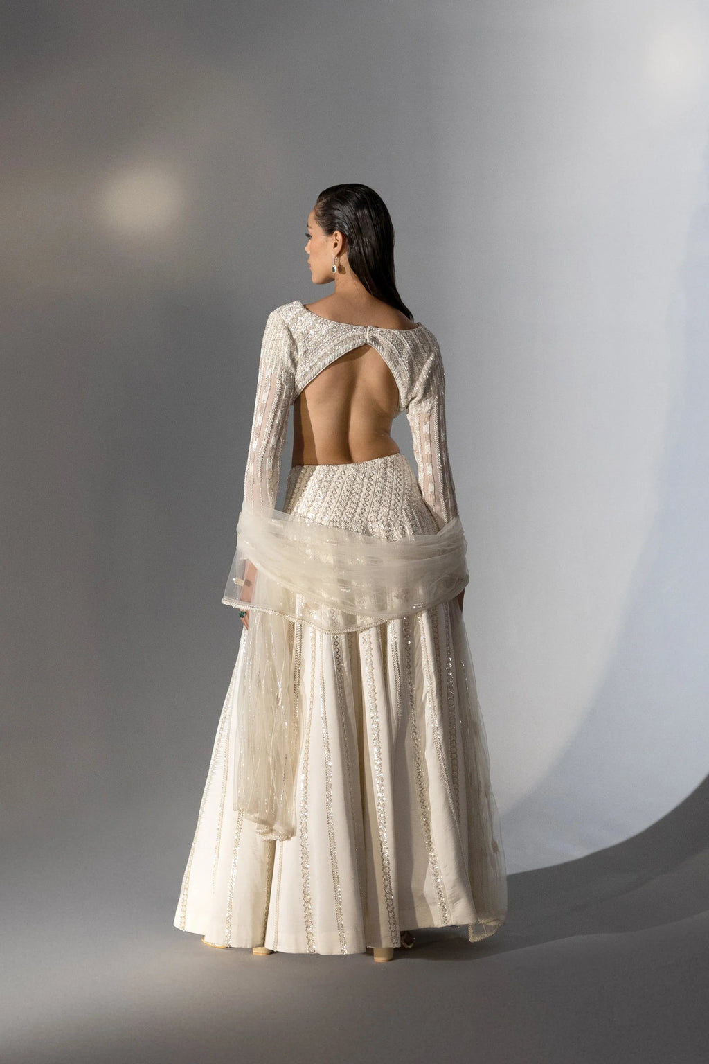 Ivory Asymmetric Lehenga Set - Radhika Soni