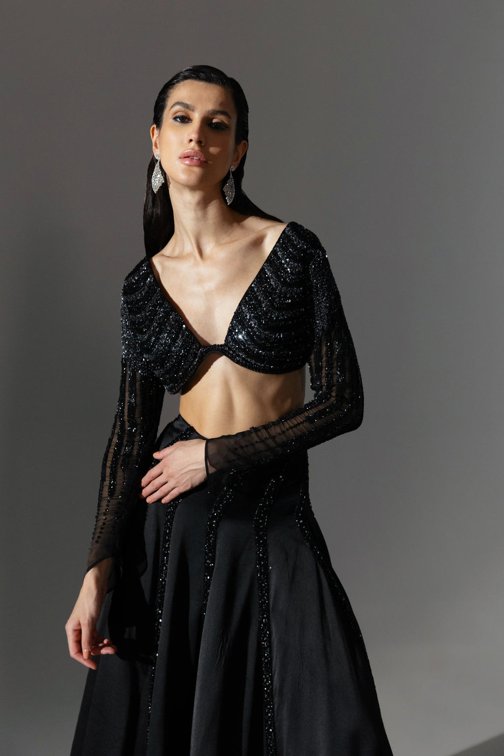 Noir Asymmetric Lehenga Set - Radhika Soni