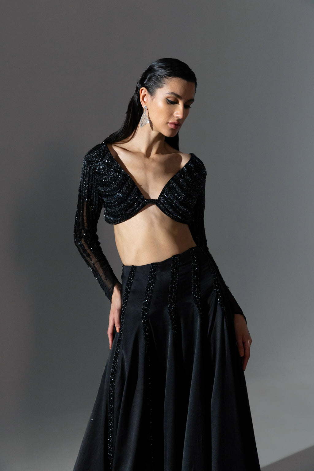 Noir Asymmetric Lehenga Set - Radhika Soni