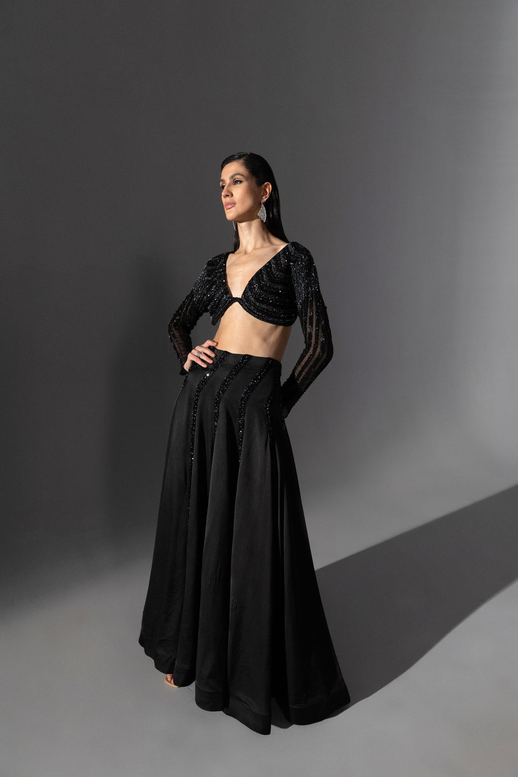 Noir Asymmetric Lehenga Set - Radhika Soni
