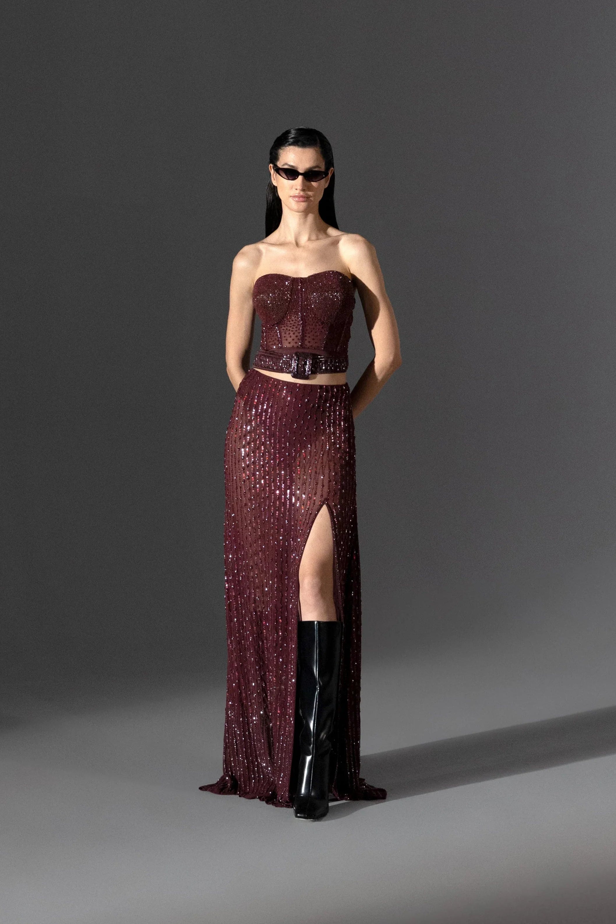 Merlot Wine Corset High Rise Skirt Set - Radhika Soni