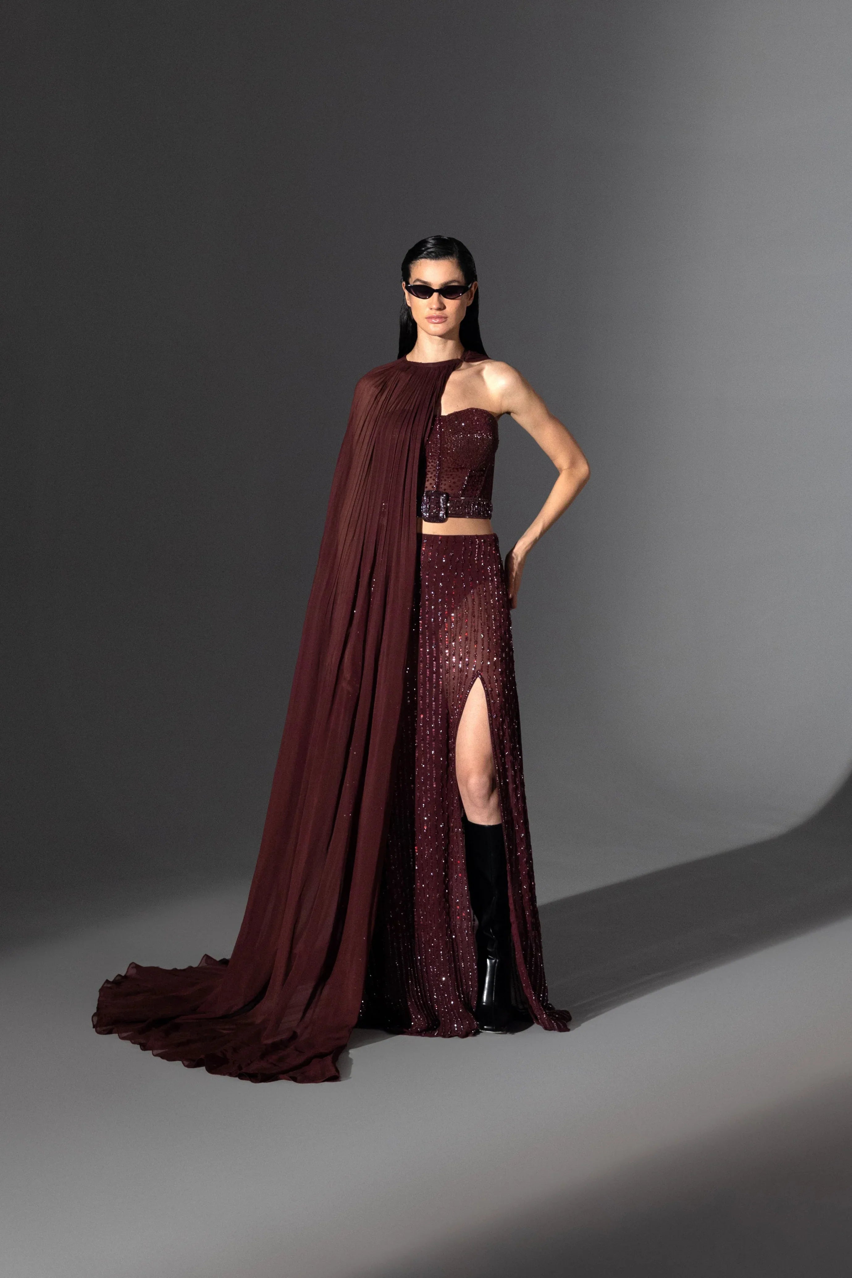 Merlot Wine Corset High Rise Skirt Set - Radhika Soni