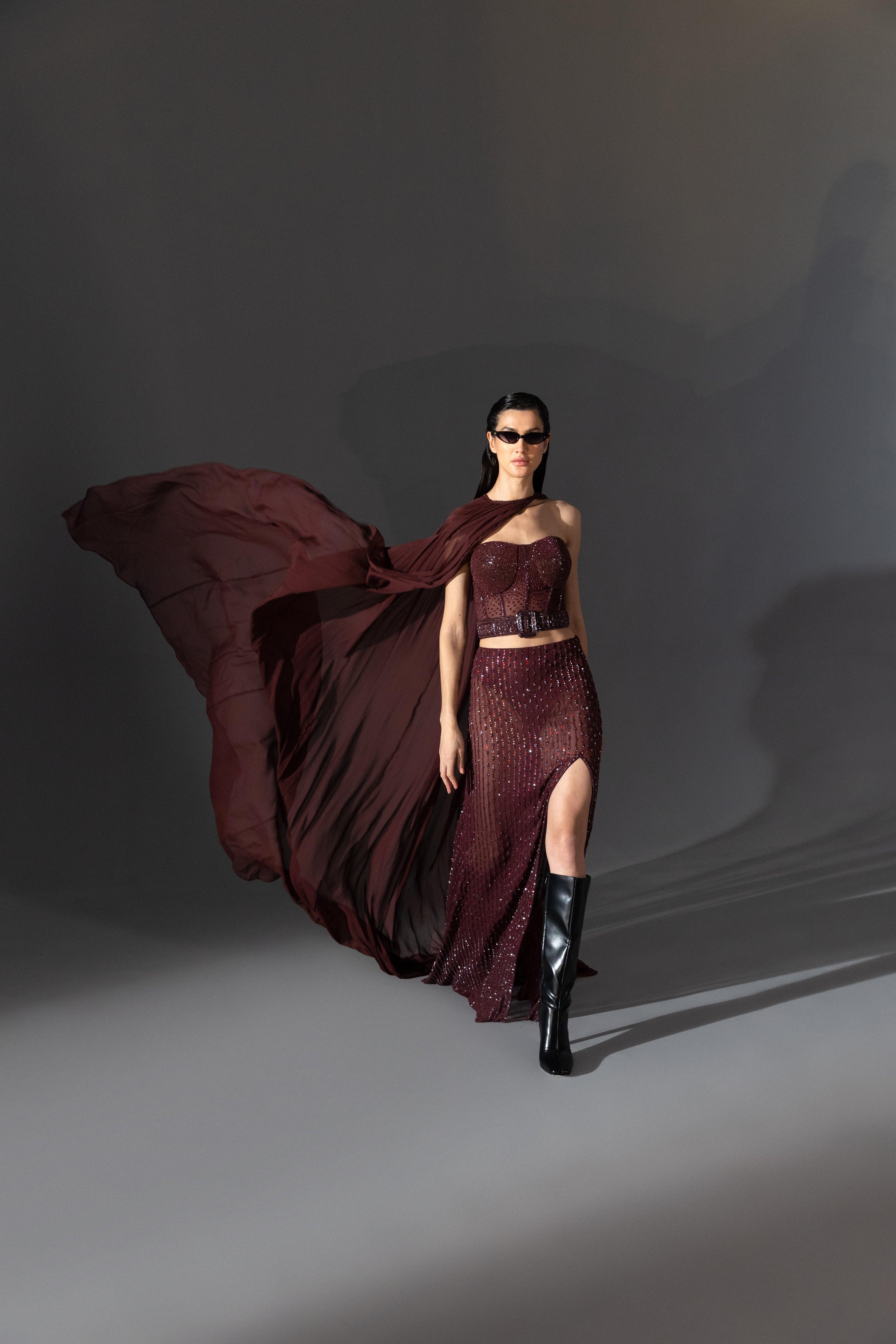 Merlot Wine Corset High Rise Skirt Set - Radhika Soni