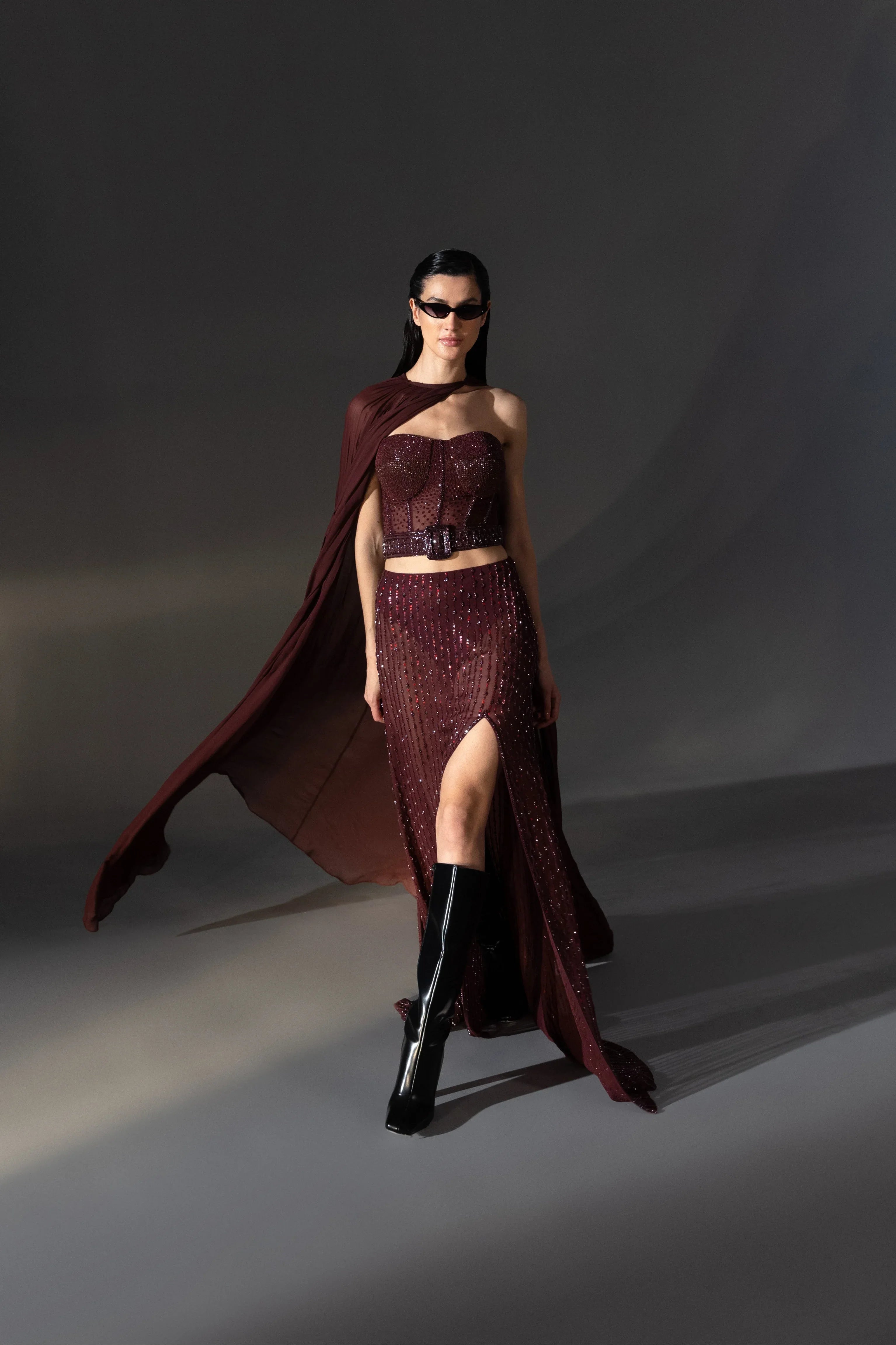 Merlot Wine Corset High Rise Skirt Set - Radhika Soni