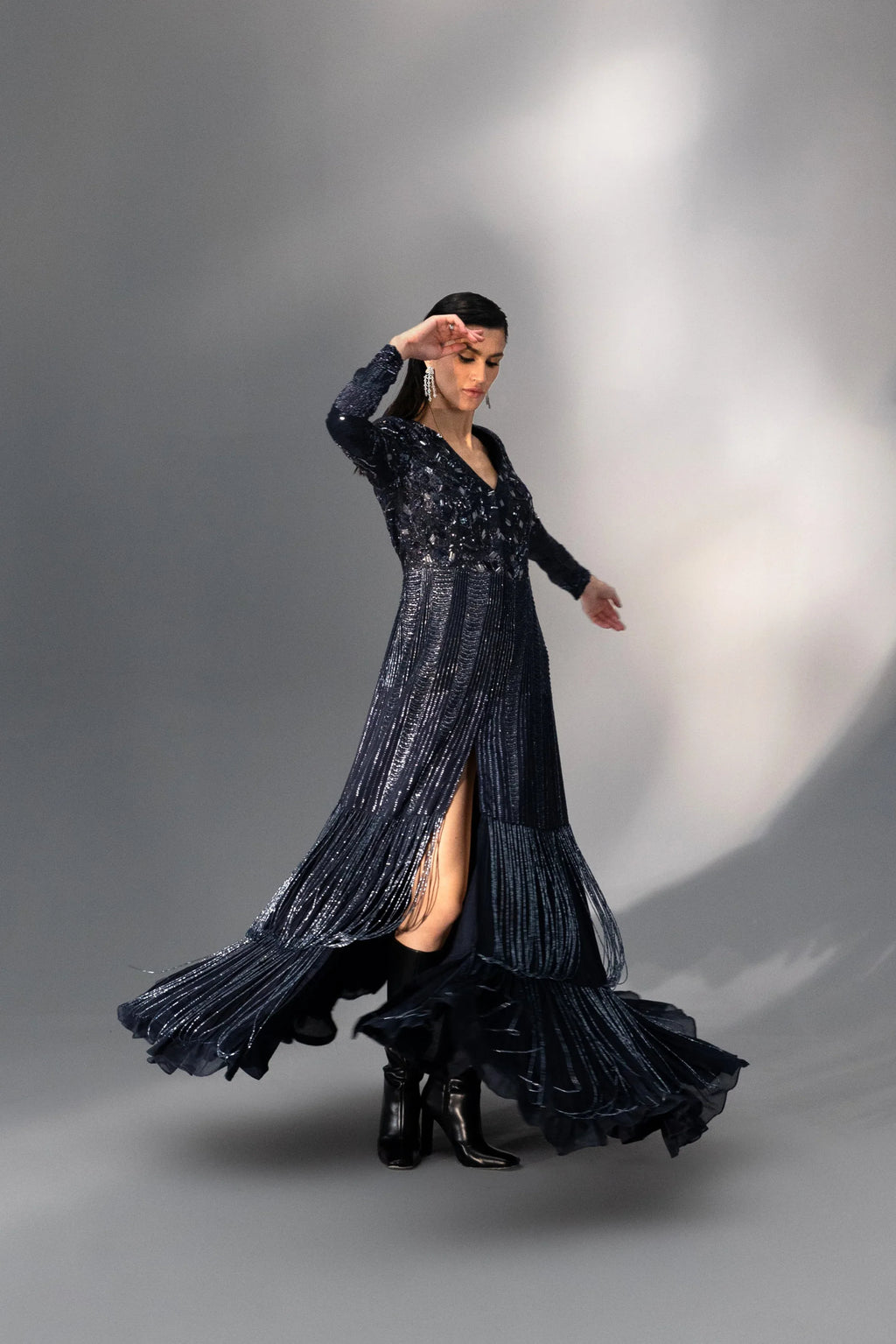 Imperial Blue Long Fringe Jacket - Radhika Soni