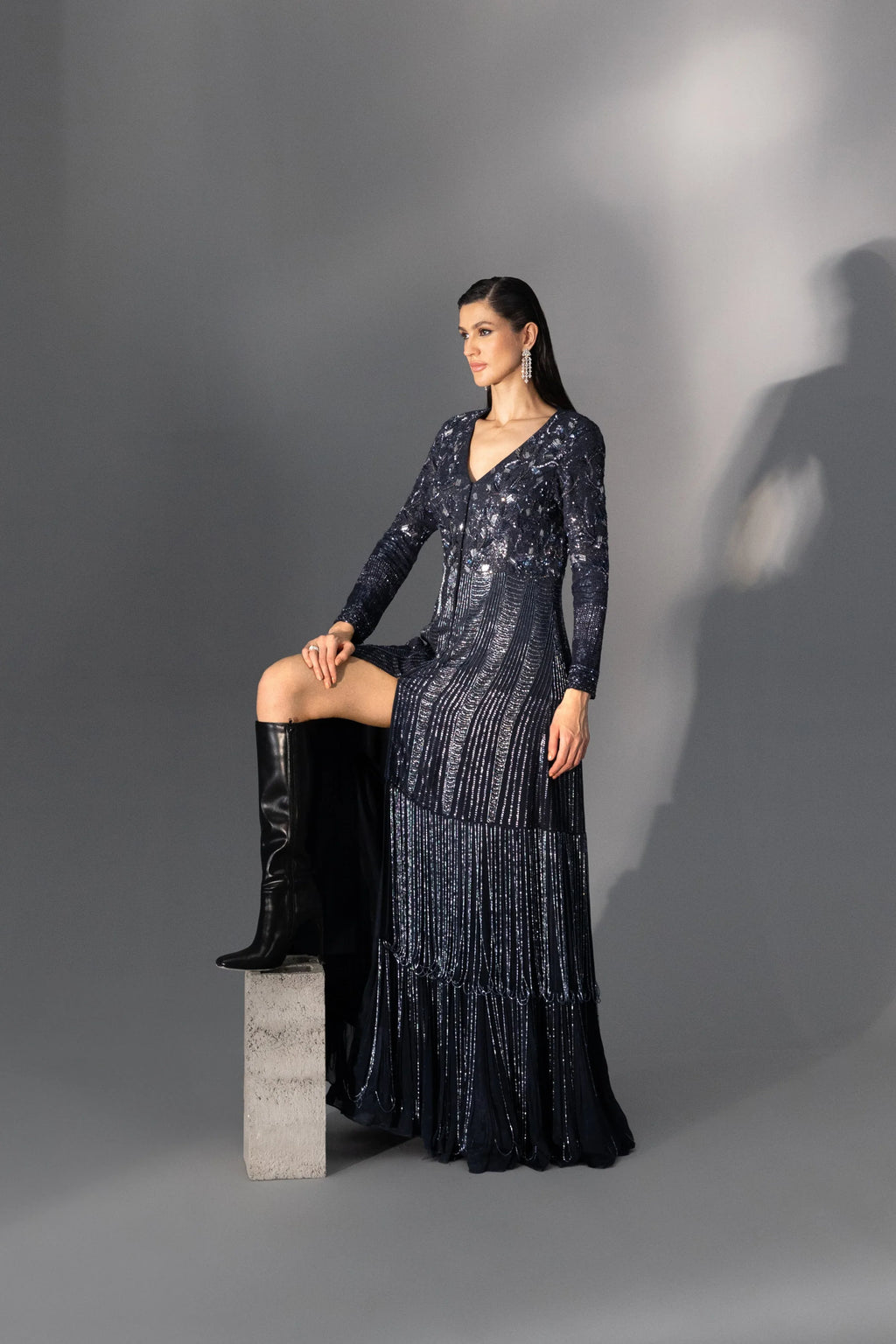 Imperial Blue Long Fringe Jacket - Radhika Soni