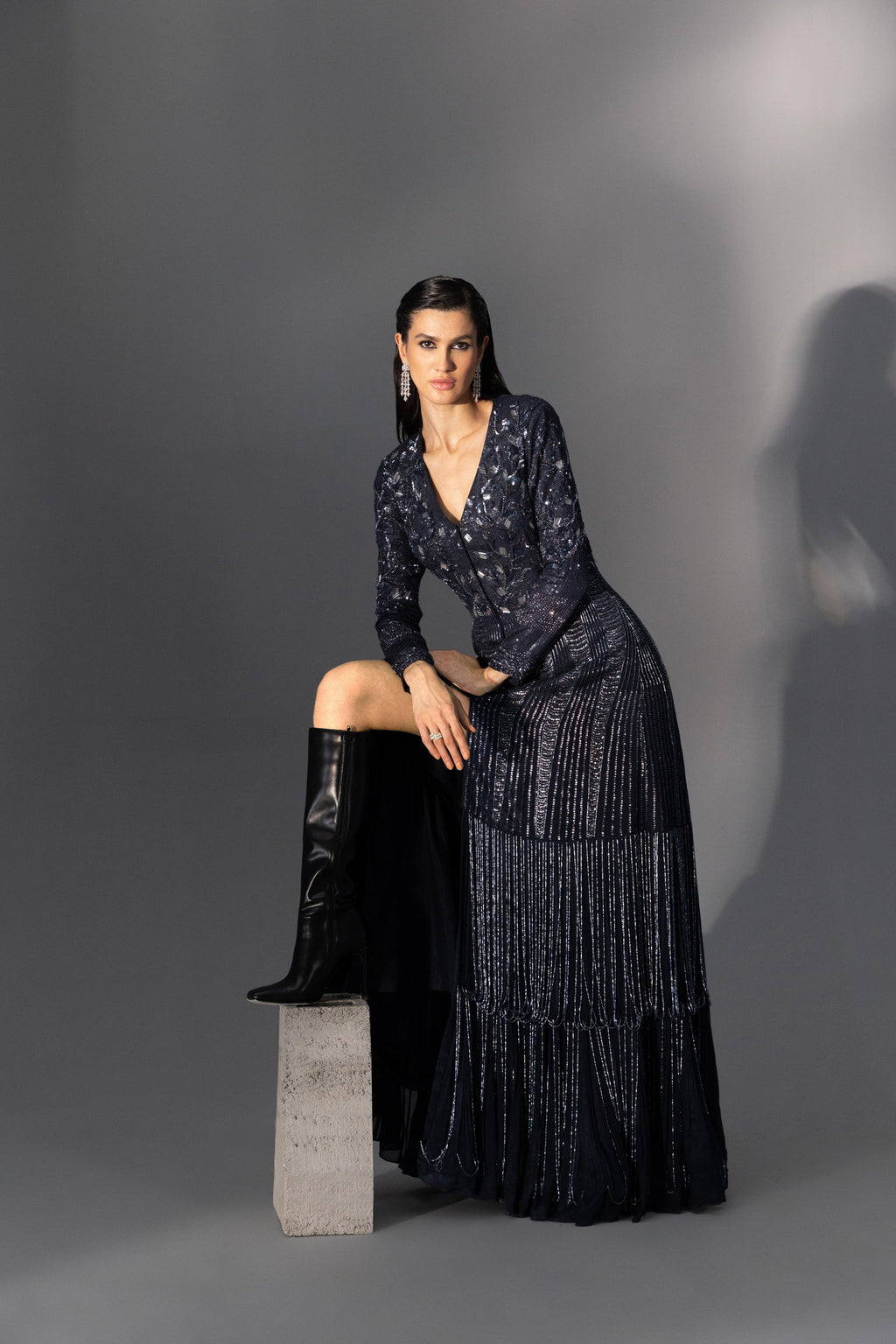 Imperial Blue Long Fringe Jacket - Radhika Soni