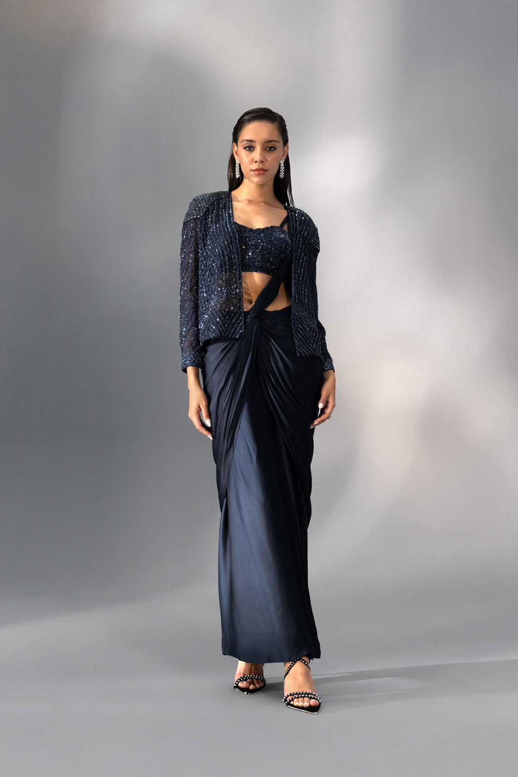Midnight Blue Knotted Pre-Draped Saree - Radhika Soni