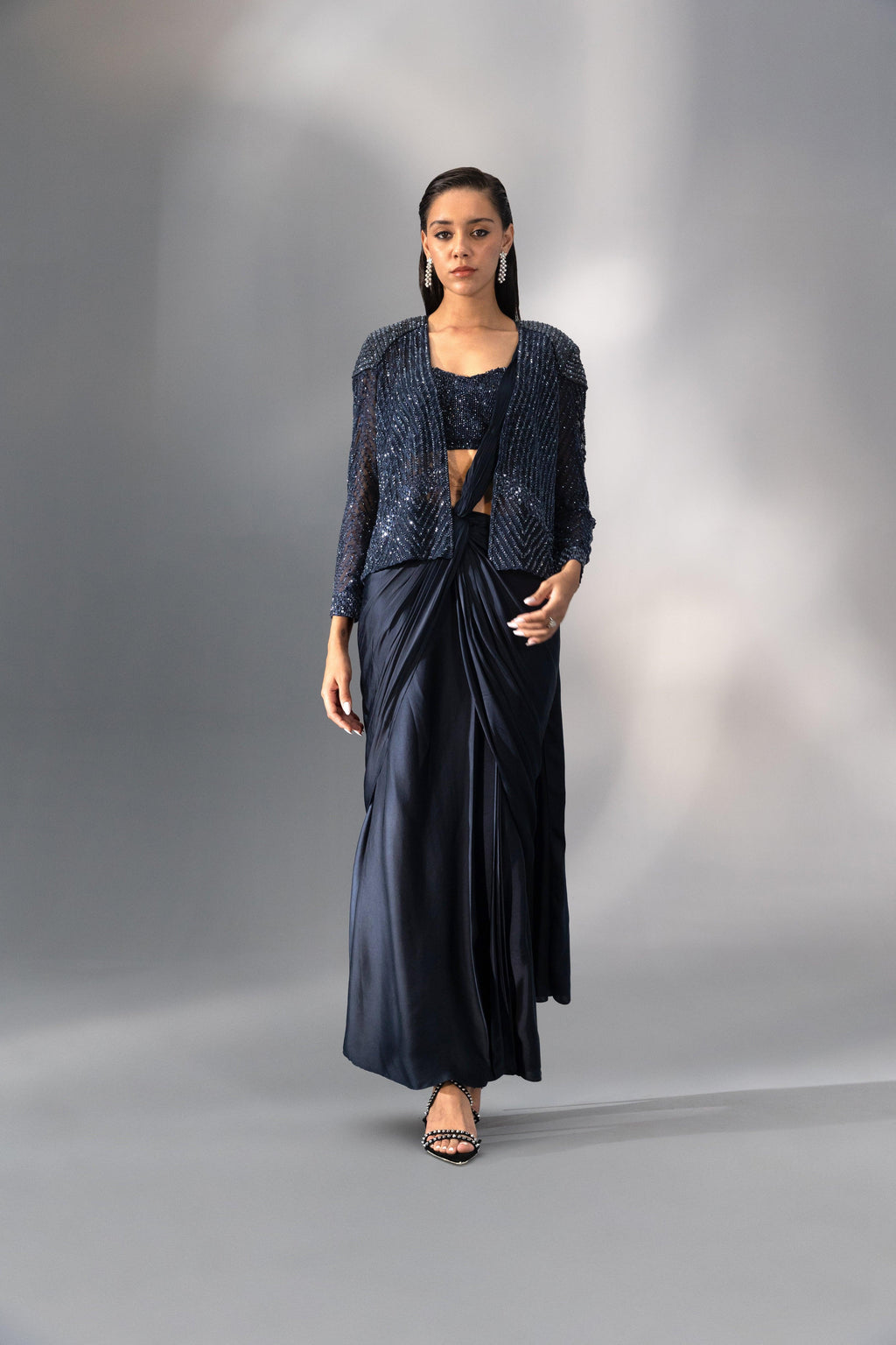 Midnight Blue Knotted Pre-Draped Saree - Radhika Soni
