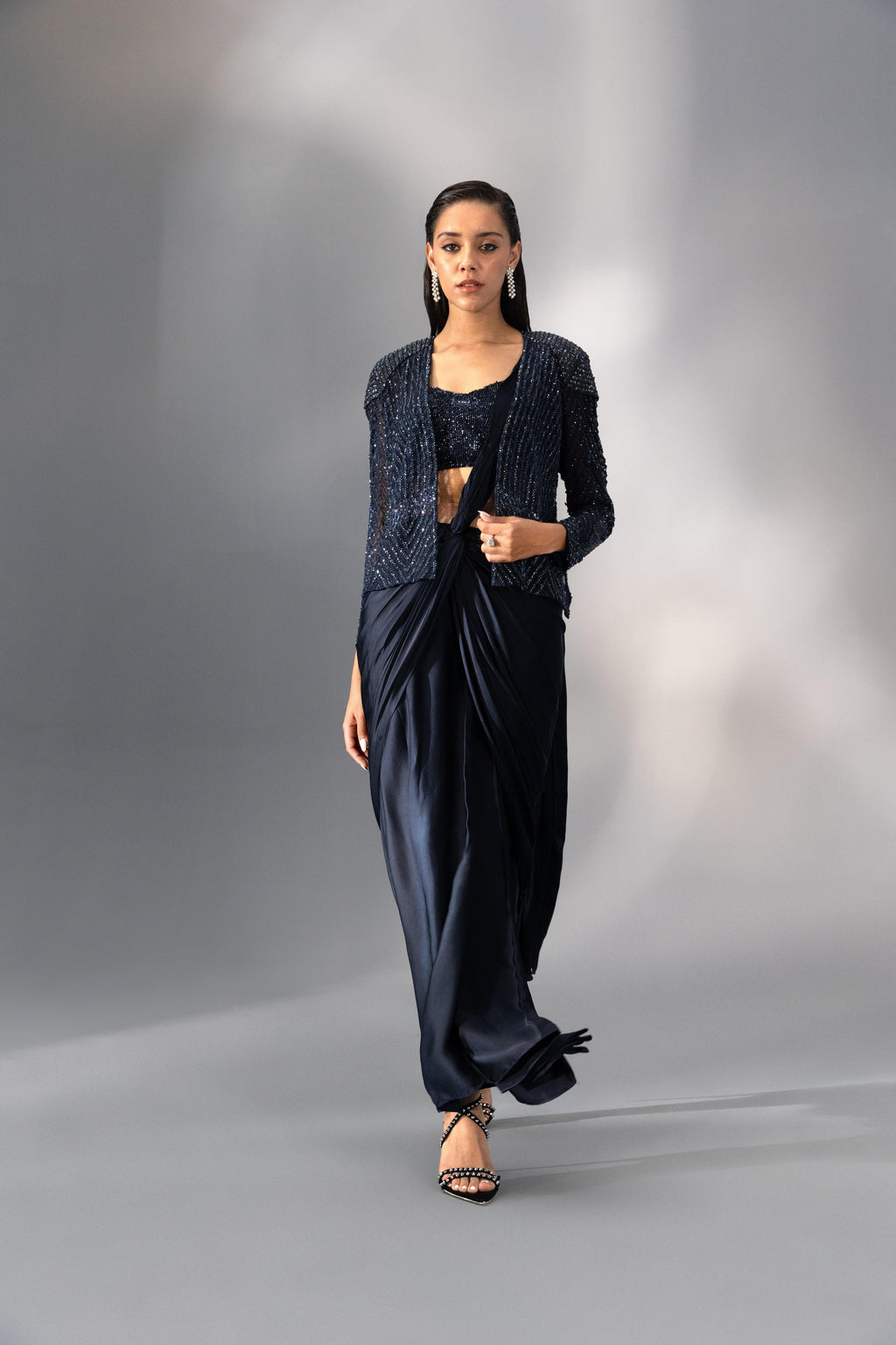 Midnight Blue Knotted Pre-Draped Saree - Radhika Soni