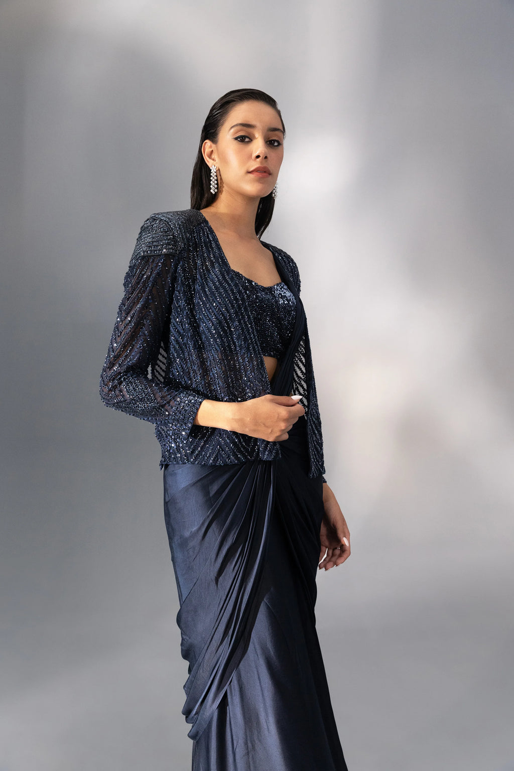 Midnight Blue Knotted Pre-Draped Saree - Radhika Soni