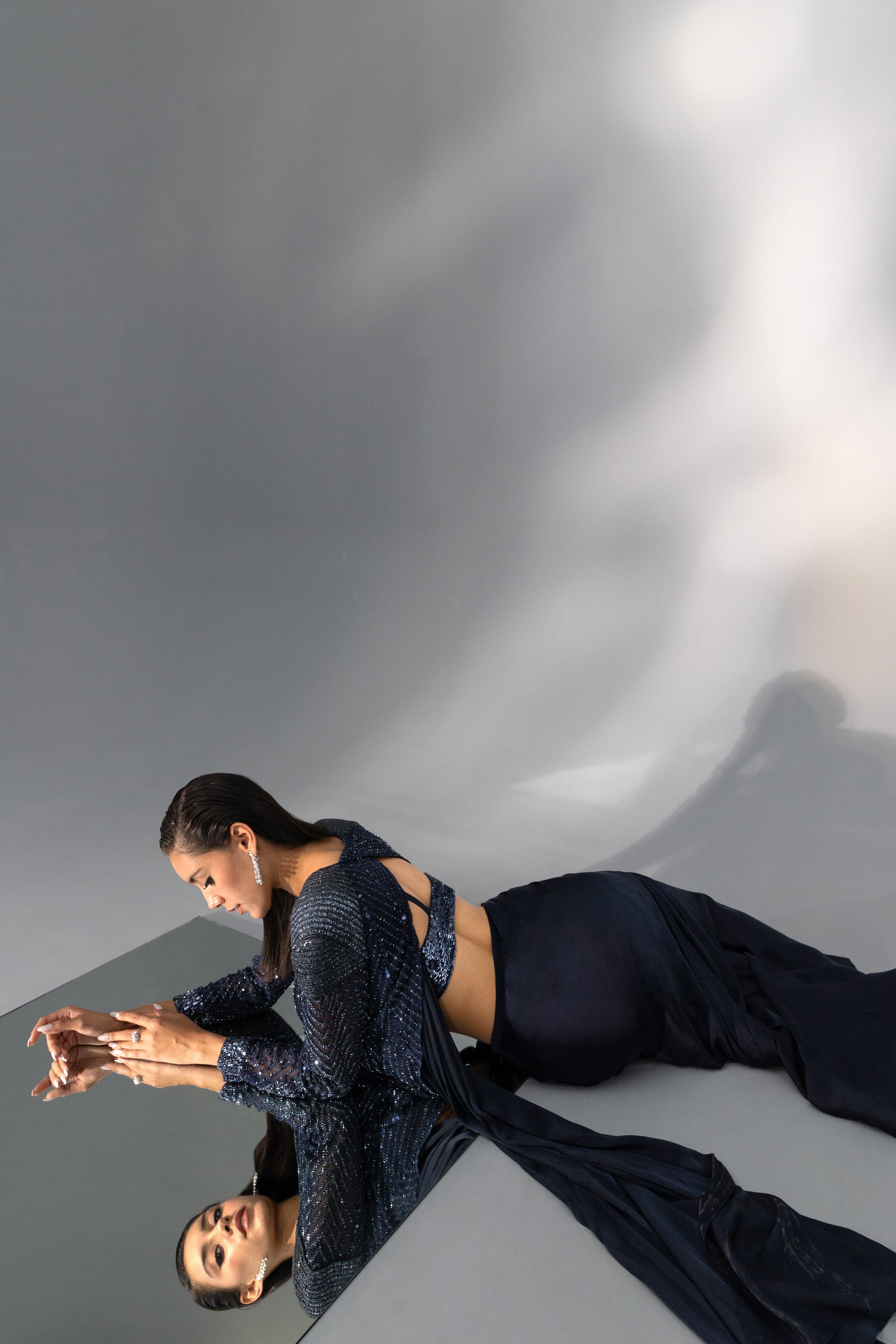 Midnight Blue Knotted Pre-Draped Saree - Radhika Soni