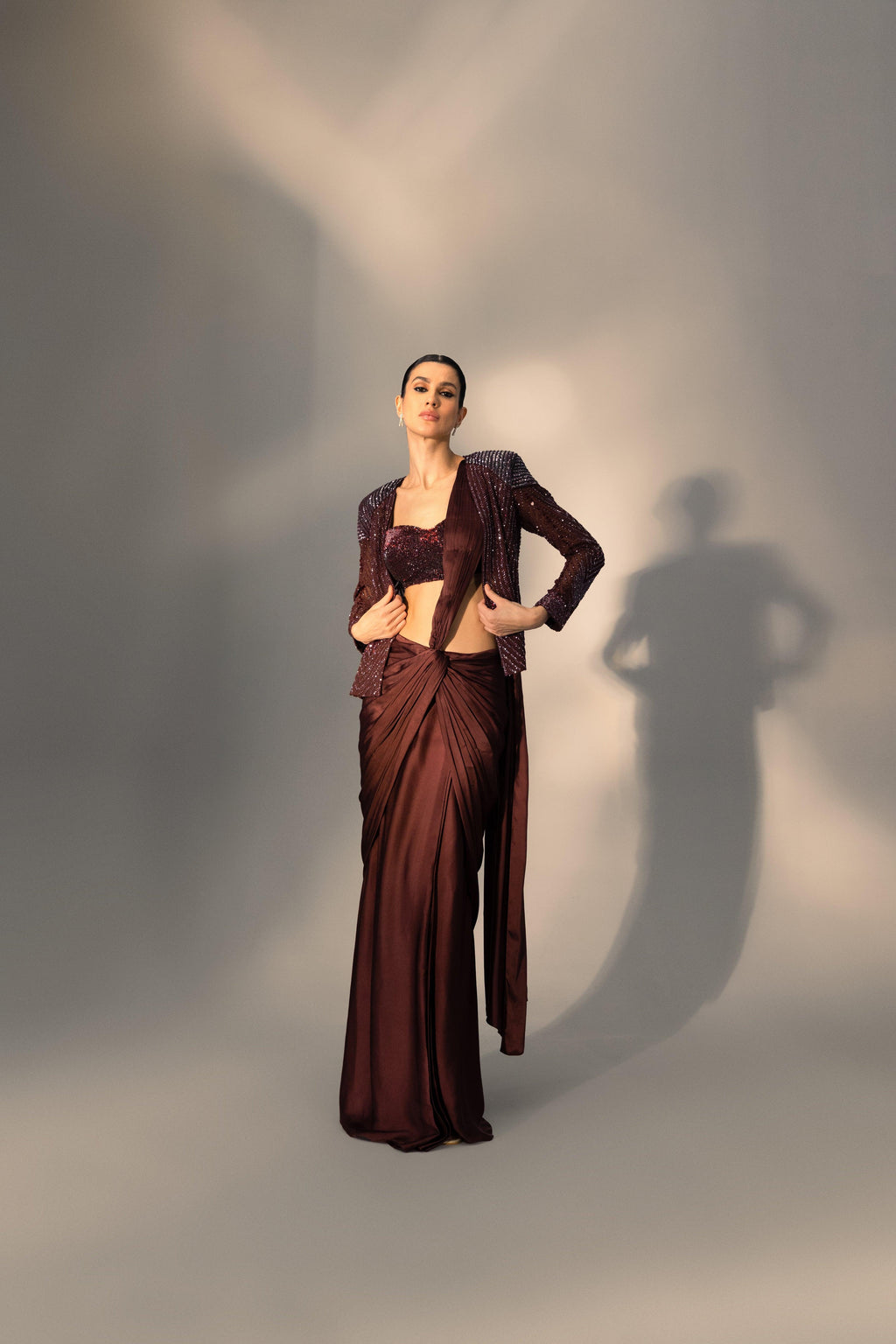 Merlot Knotted Pre-Draped Saree - Radhika Soni