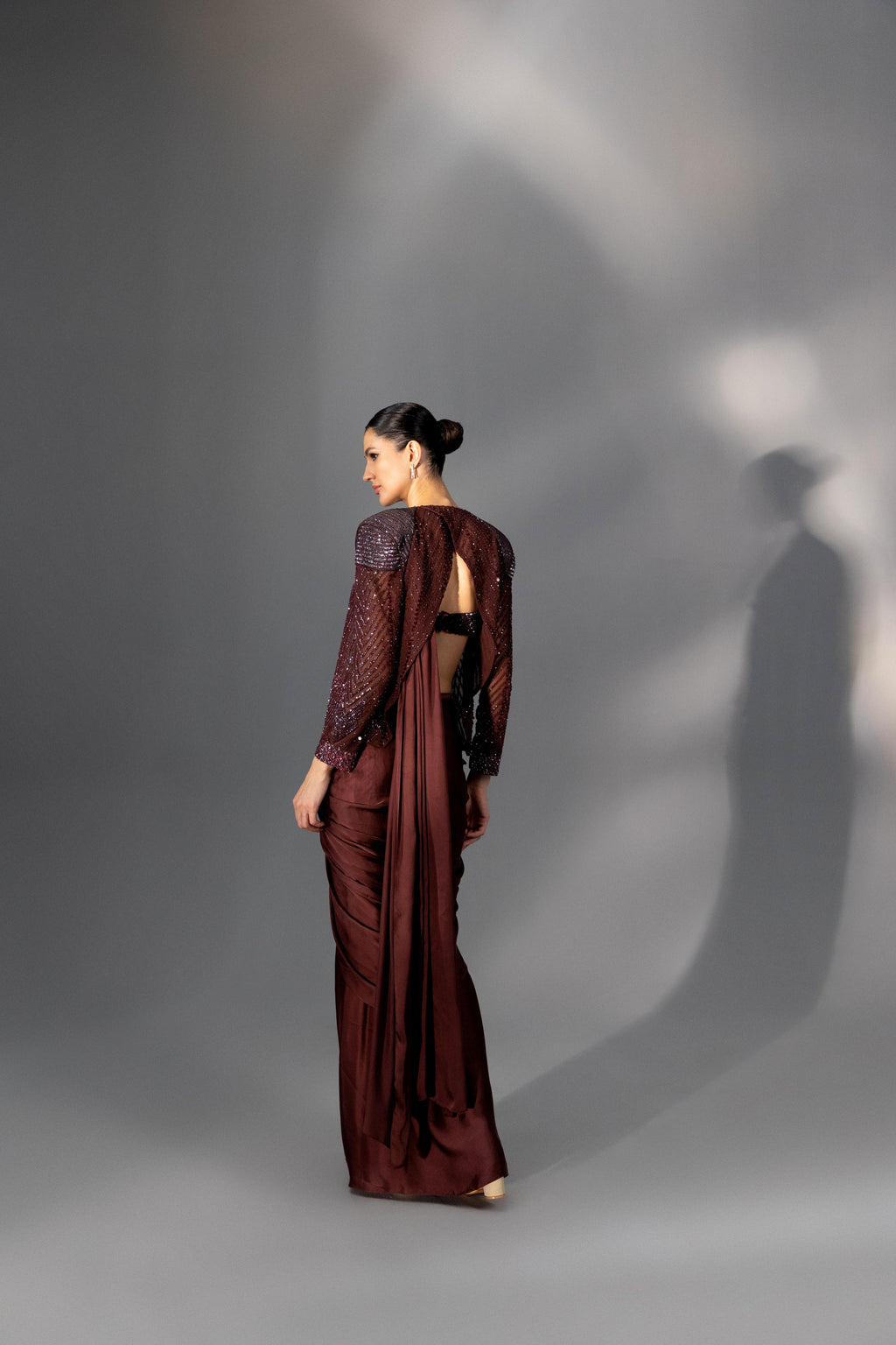 Merlot Knotted Pre-Draped Saree - Radhika Soni