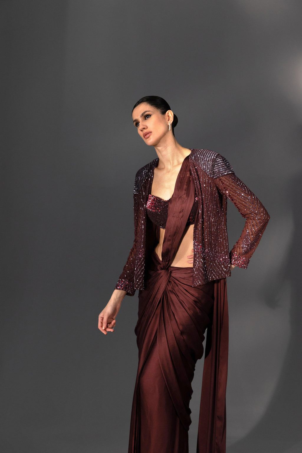 Merlot Knotted Pre-Draped Saree - Radhika Soni