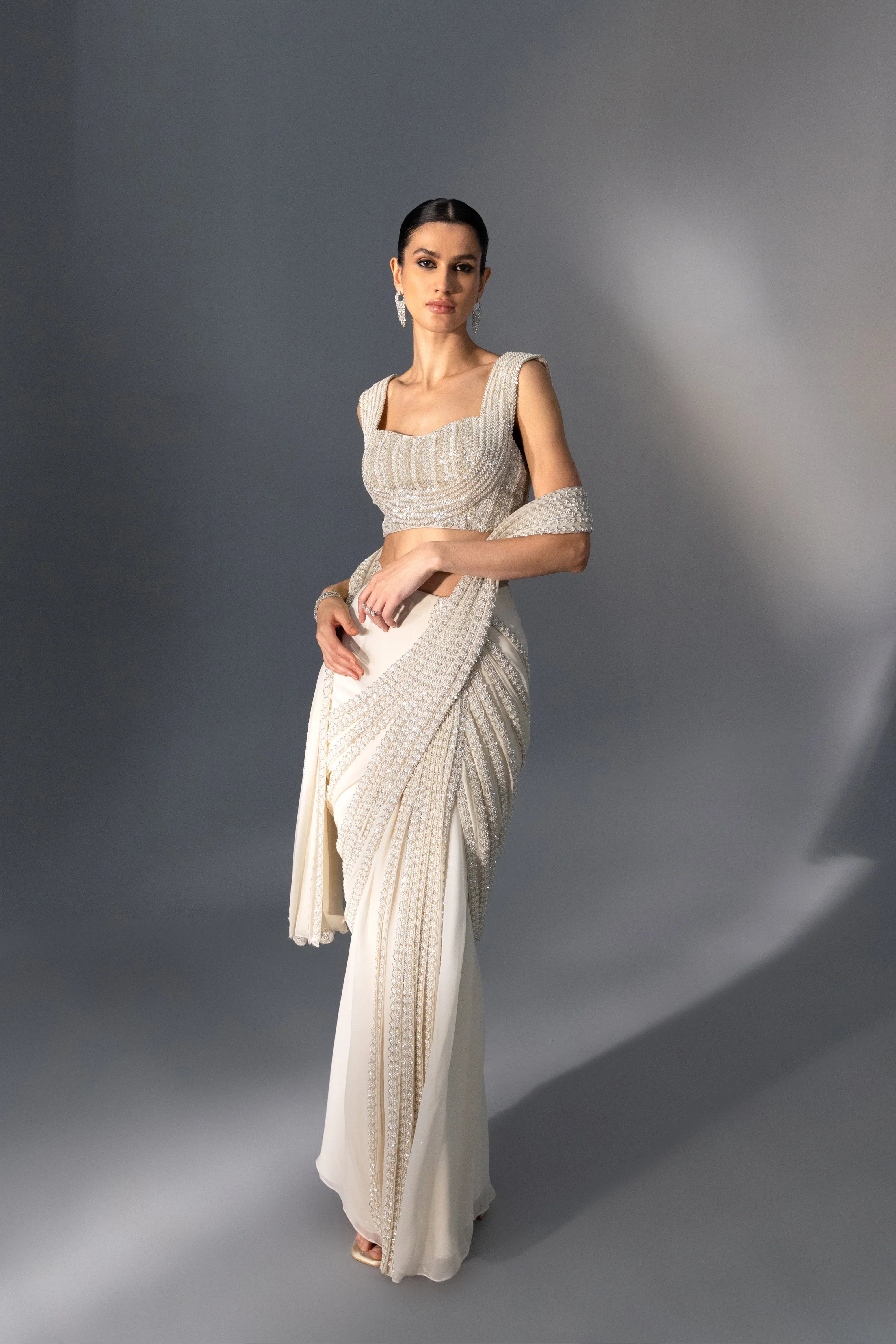 Ivory Pre Draped Corded Saree - Radhika Soni