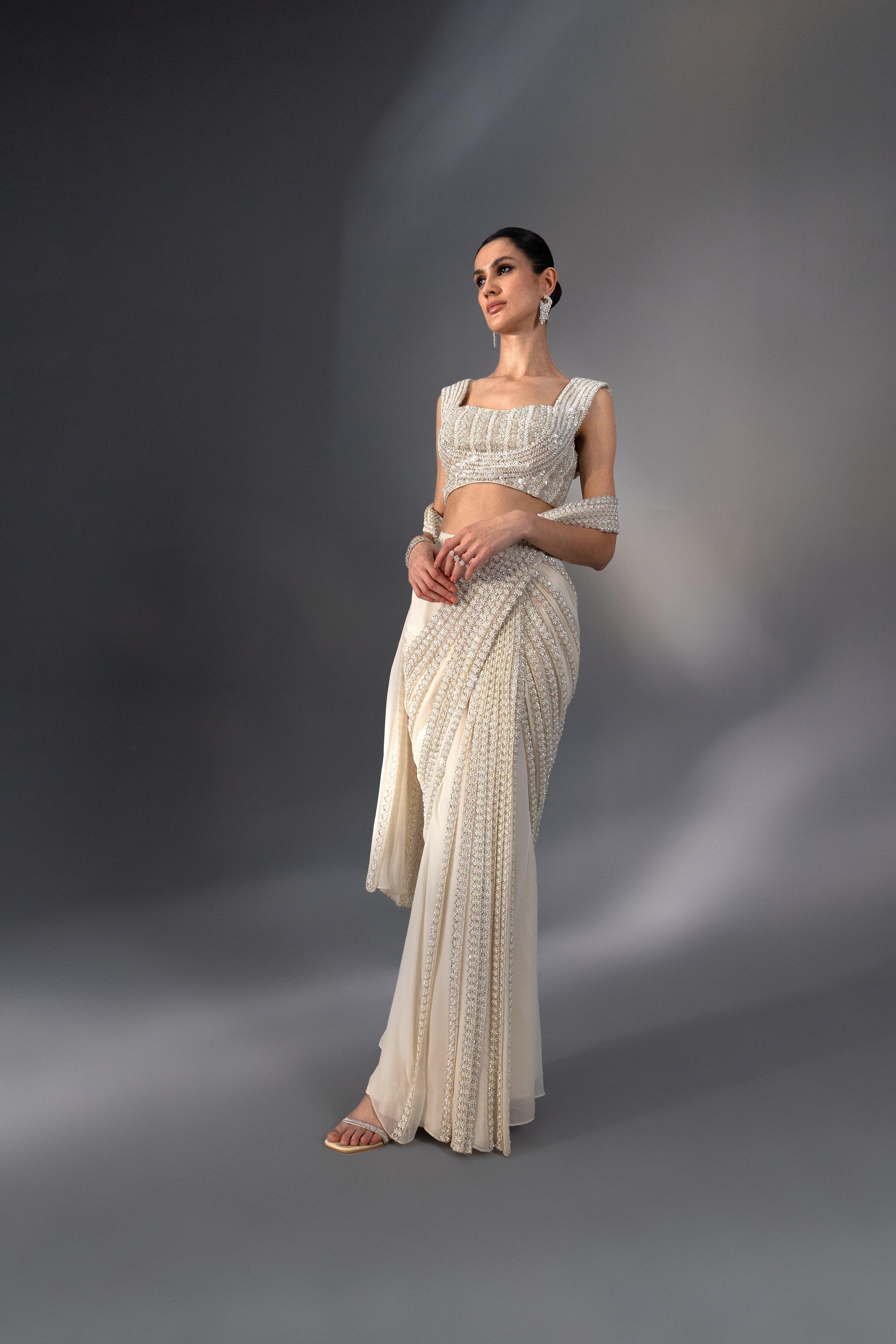Ivory Pre Draped Corded Saree - Radhika Soni