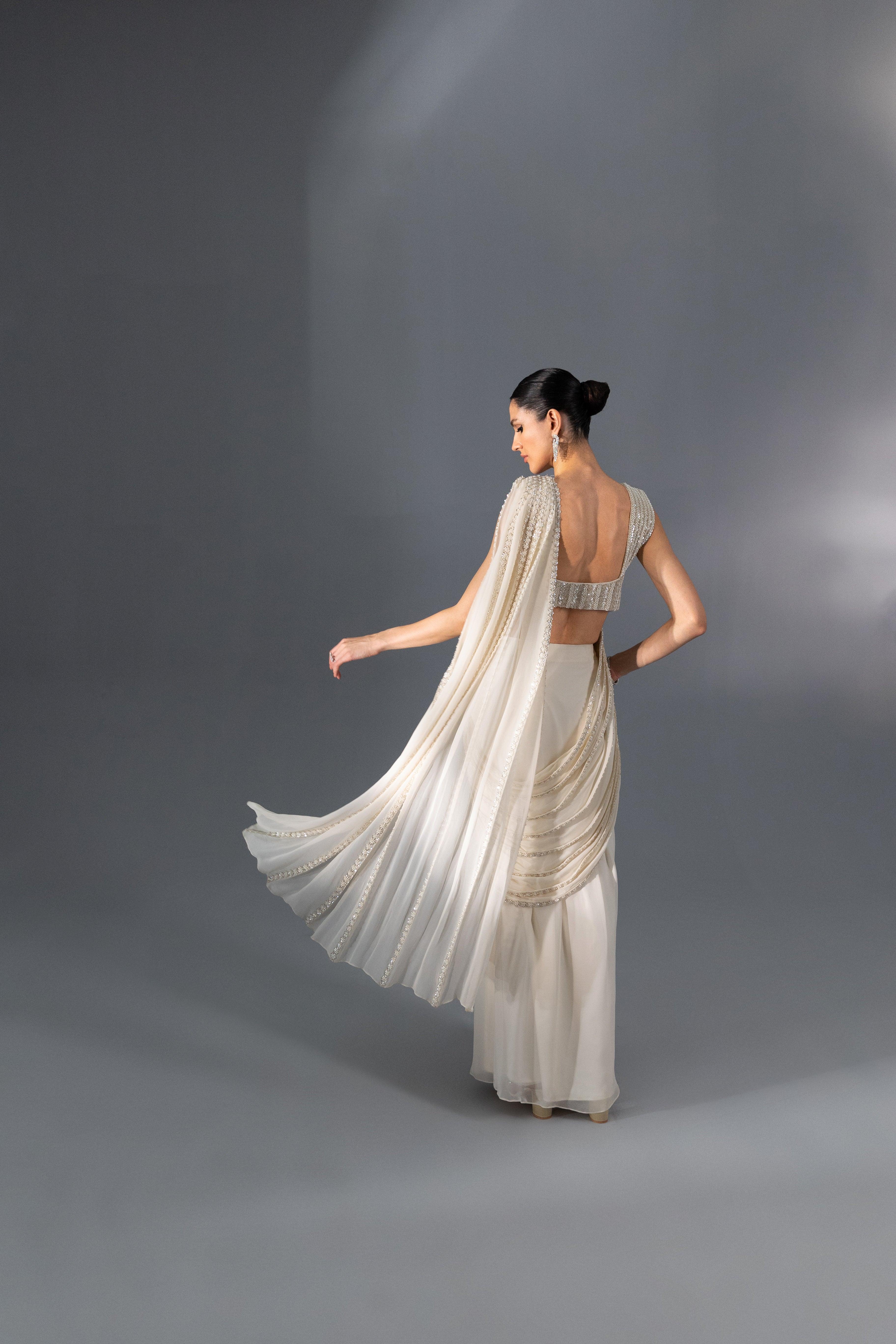 Ivory Pre Draped Corded Saree - Radhika Soni