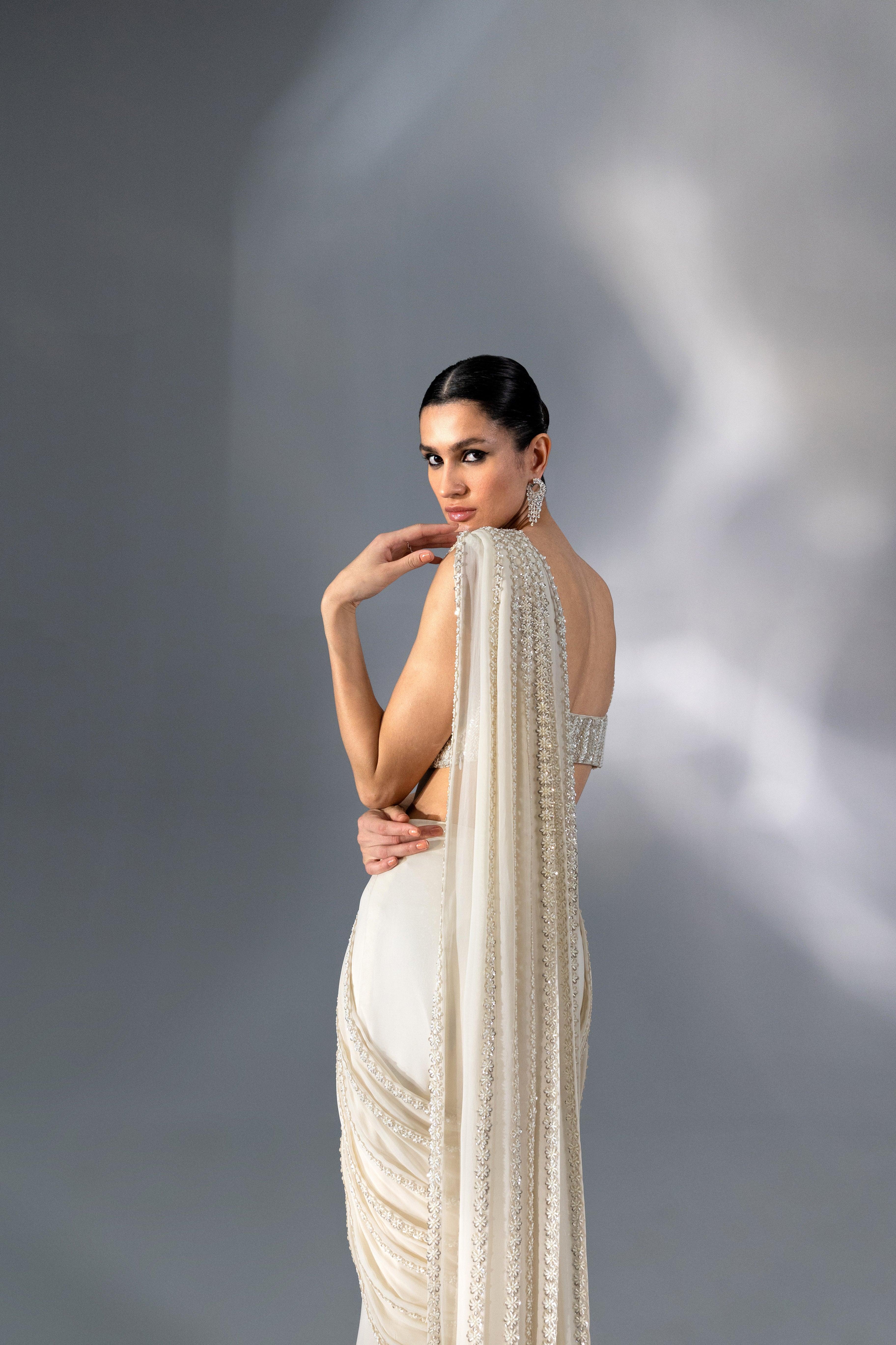 Ivory Pre Draped Corded Saree - Radhika Soni