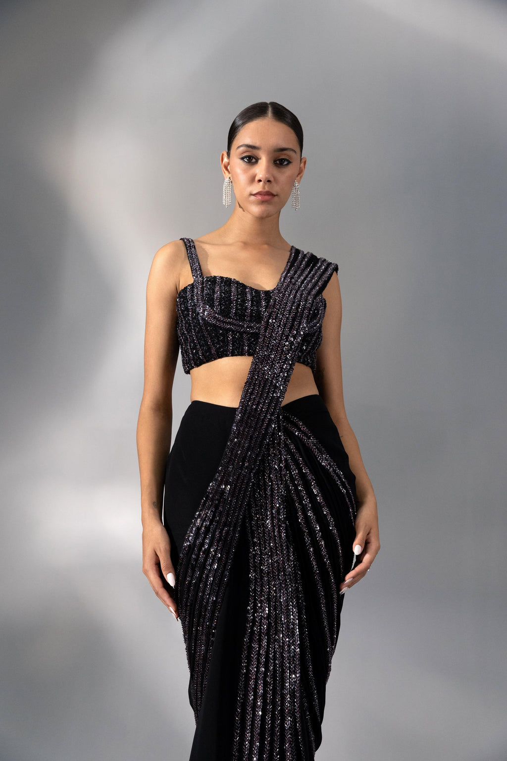 Noir Pre Draped Corded Saree - Radhika Soni