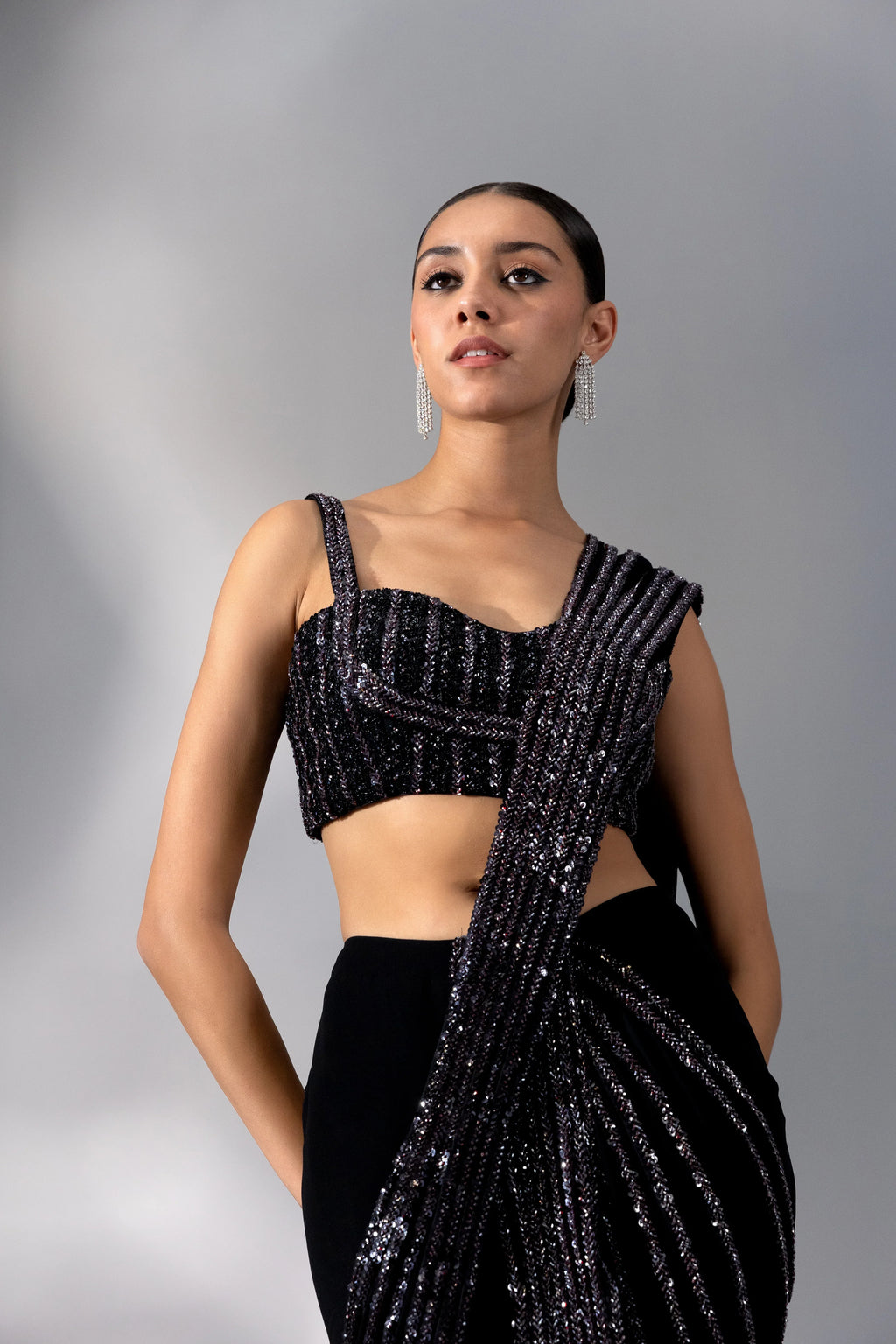 Noir Pre Draped Corded Saree - Radhika Soni
