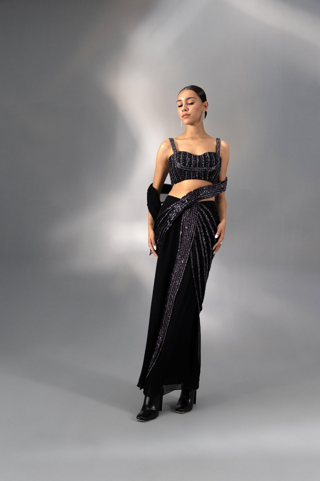 Noir Pre Draped Corded Saree - Radhika Soni