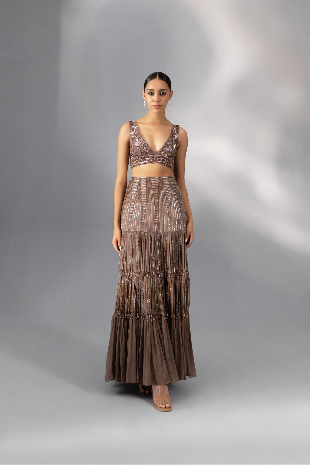 Taupe Tiered Fringe Lehenga - Radhika Soni
