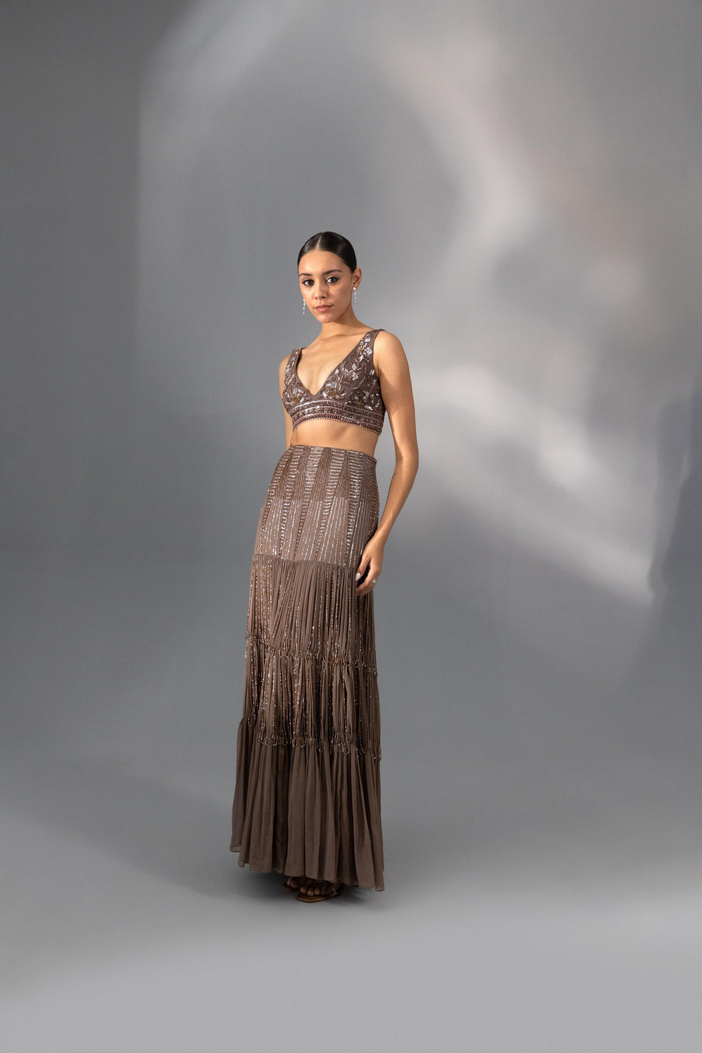 Taupe Tiered Fringe Lehenga - Radhika Soni