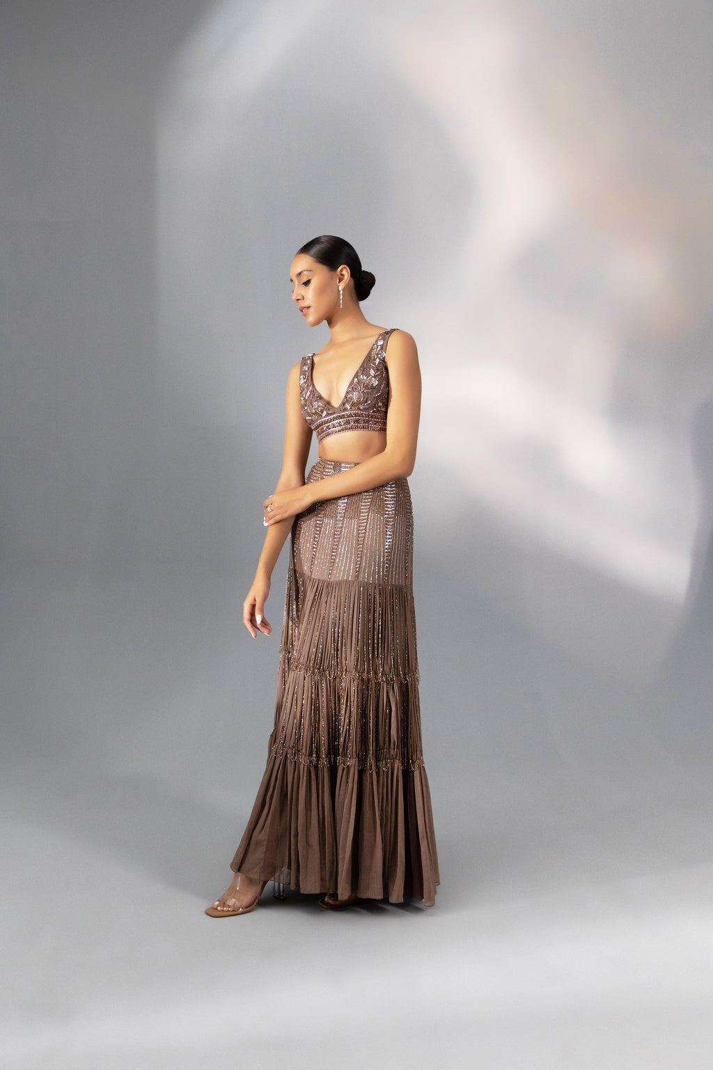 Taupe Tiered Fringe Lehenga - Radhika Soni