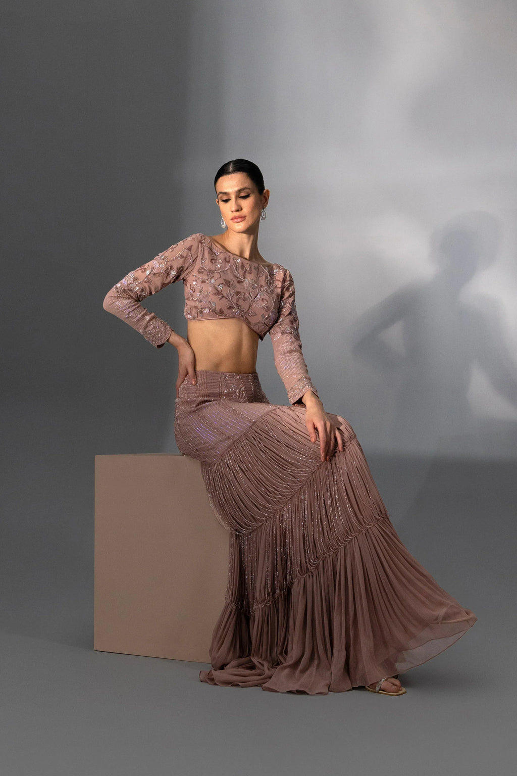 Dusty Rose Tiered Fringe Lehenga - Radhika Soni