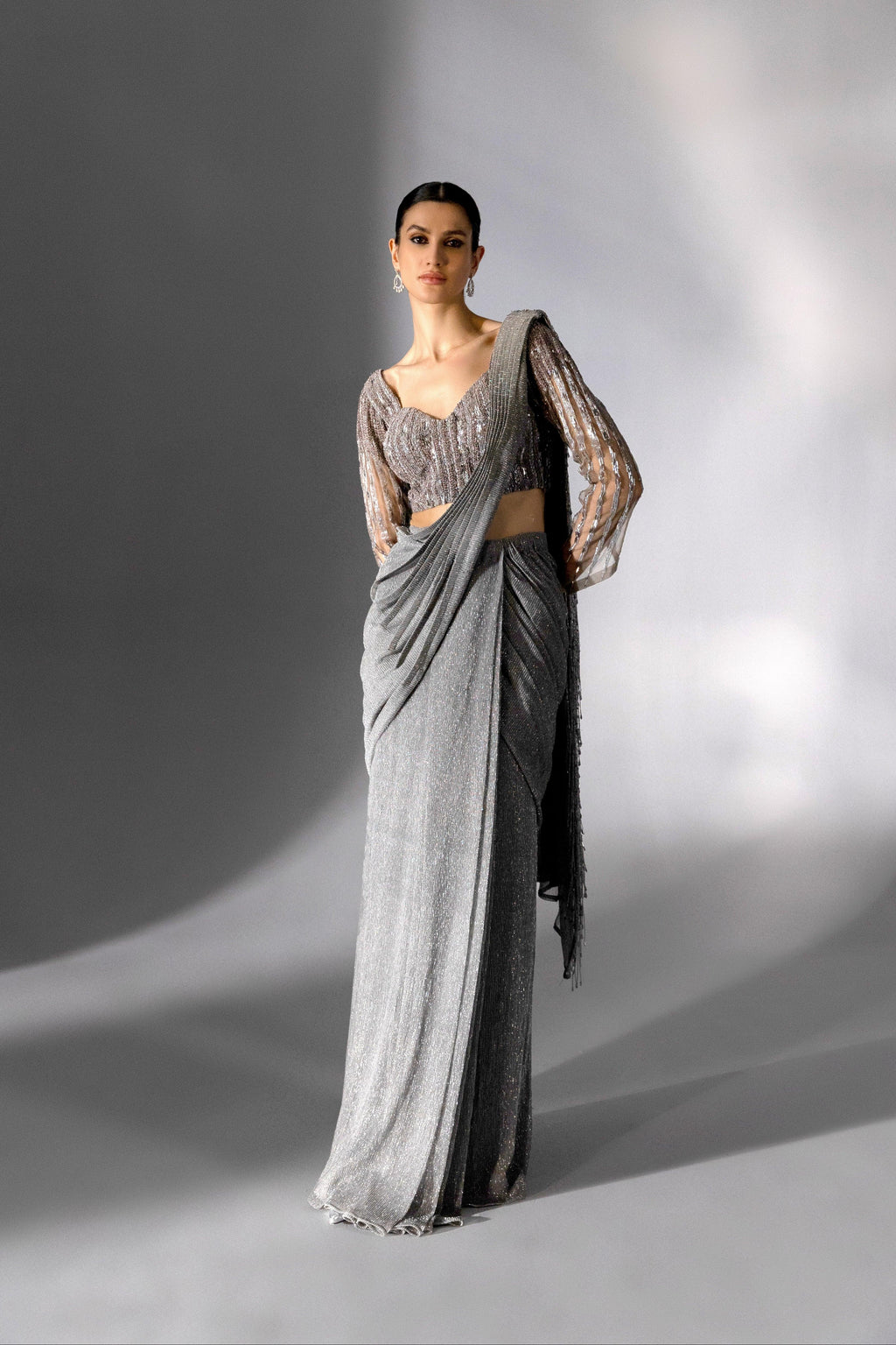 Silver Grey Pre Draped Corded Saree - Radhika Soni