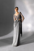 Silver Grey Pre Draped Corded Saree - Radhika Soni