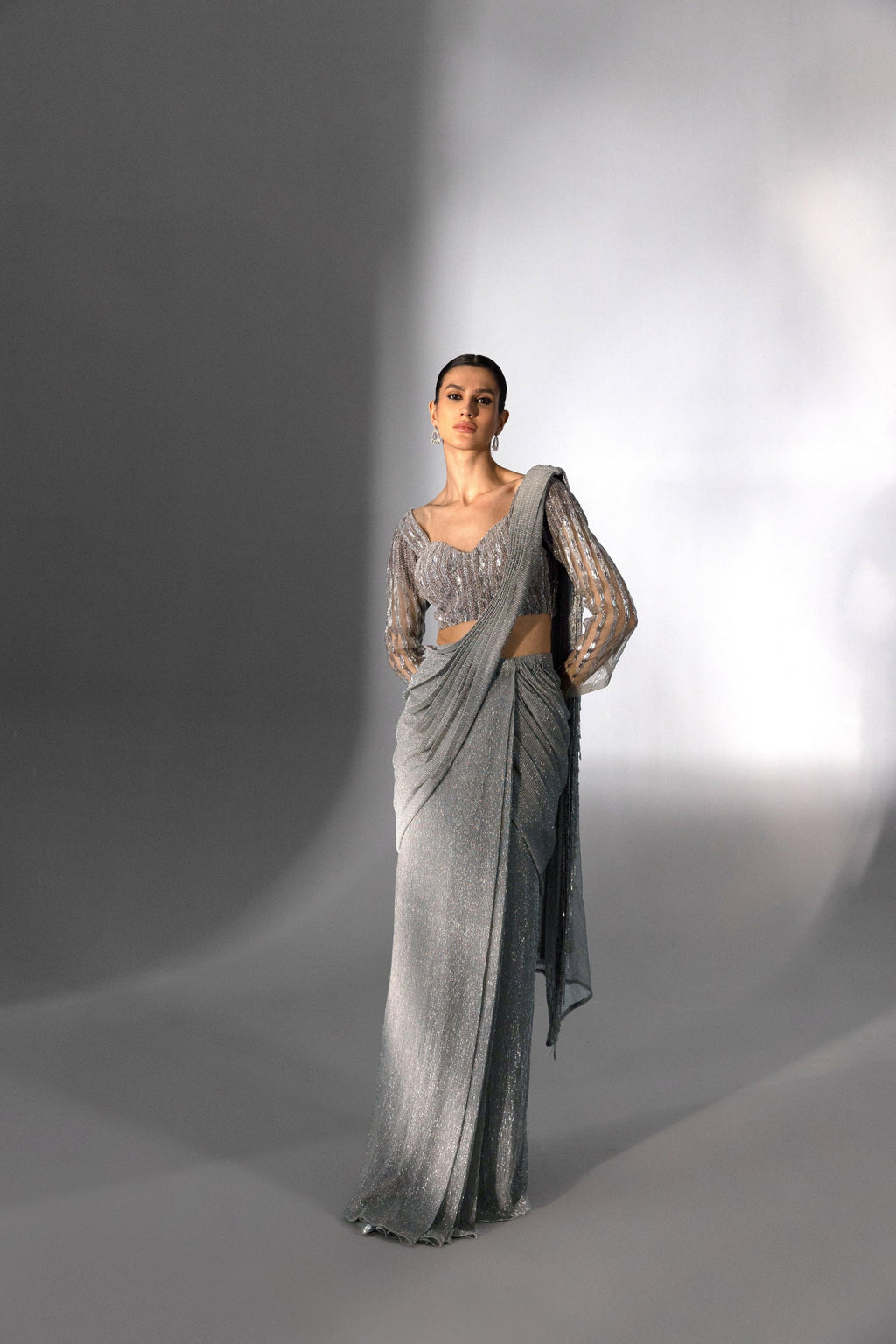 Silver Grey Pre Draped Corded Saree - Radhika Soni