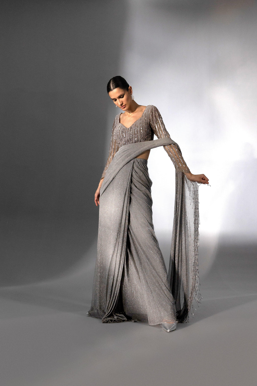 Silver Grey Pre Draped Corded Saree - Radhika Soni