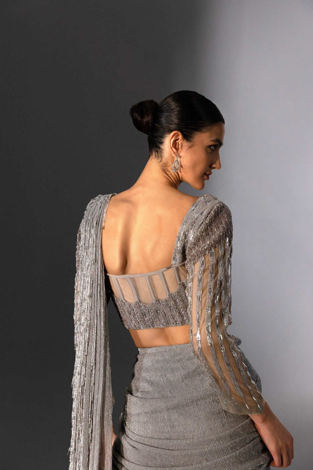 Silver Grey Pre Draped Corded Saree - Radhika Soni