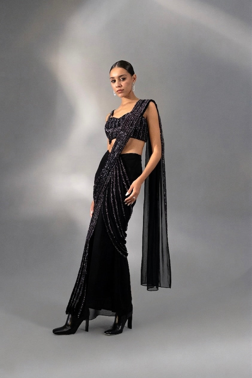 Noir Pre-Draped Corded Saree
