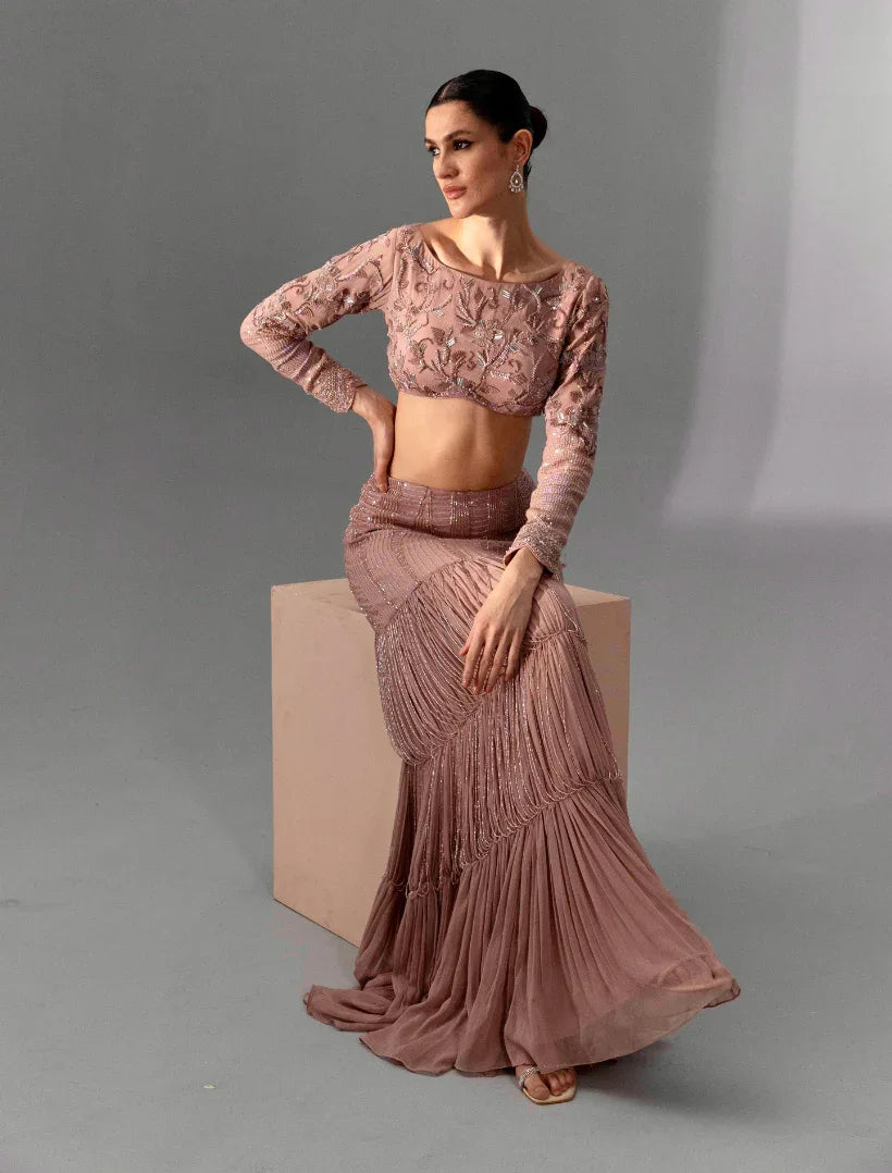 Dusty Rose Tiered Fringe Lehenga - Radhika Soni