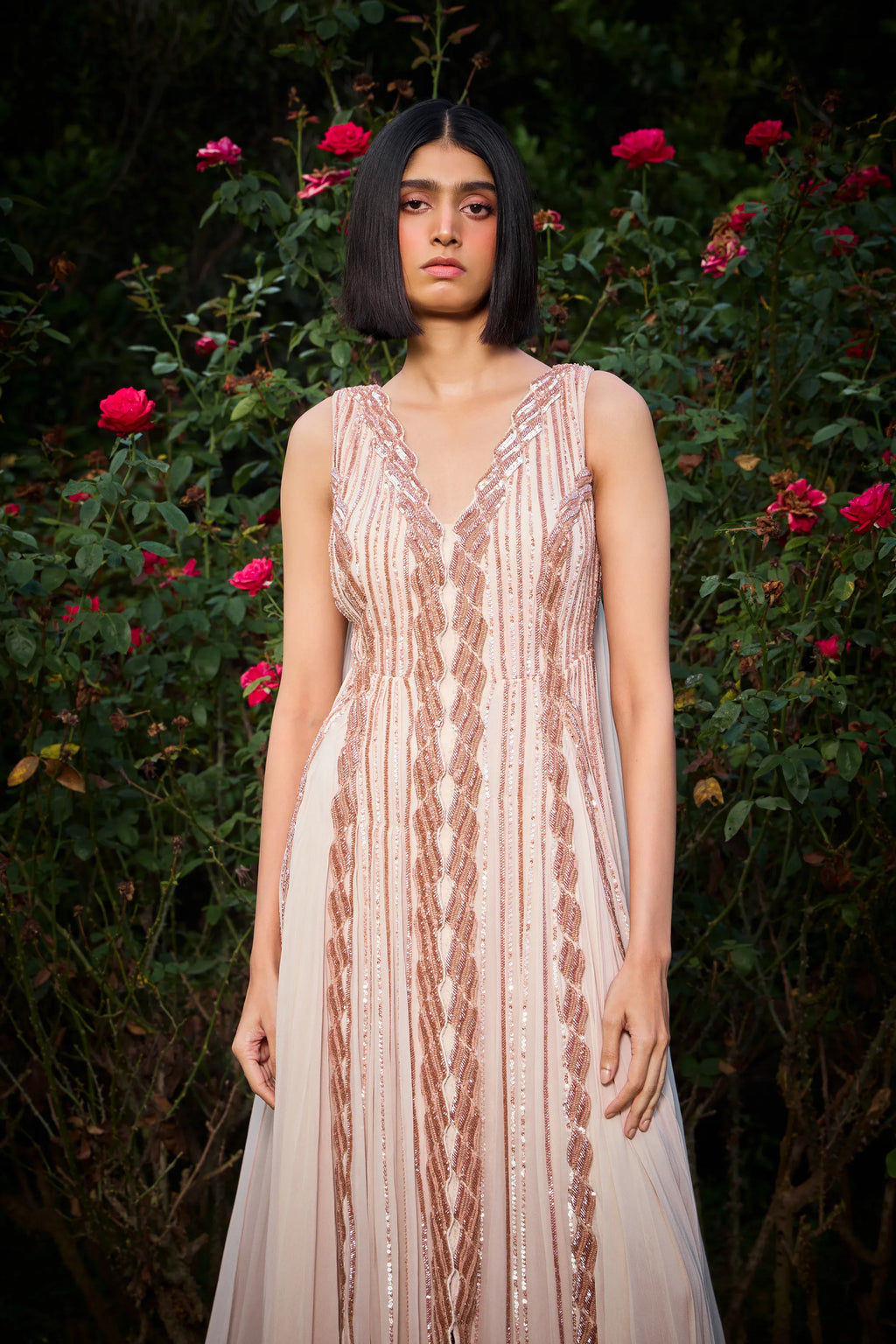 Rose Panelled Hand Embroidered Gown - Radhika Soni