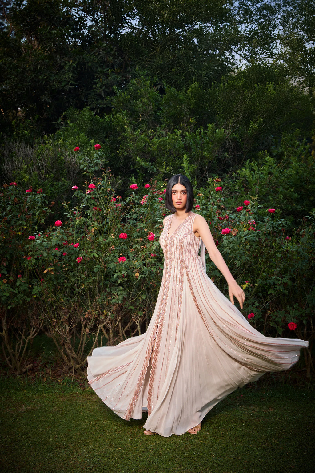 Rose Panelled Hand Embroidered Gown - Radhika Soni