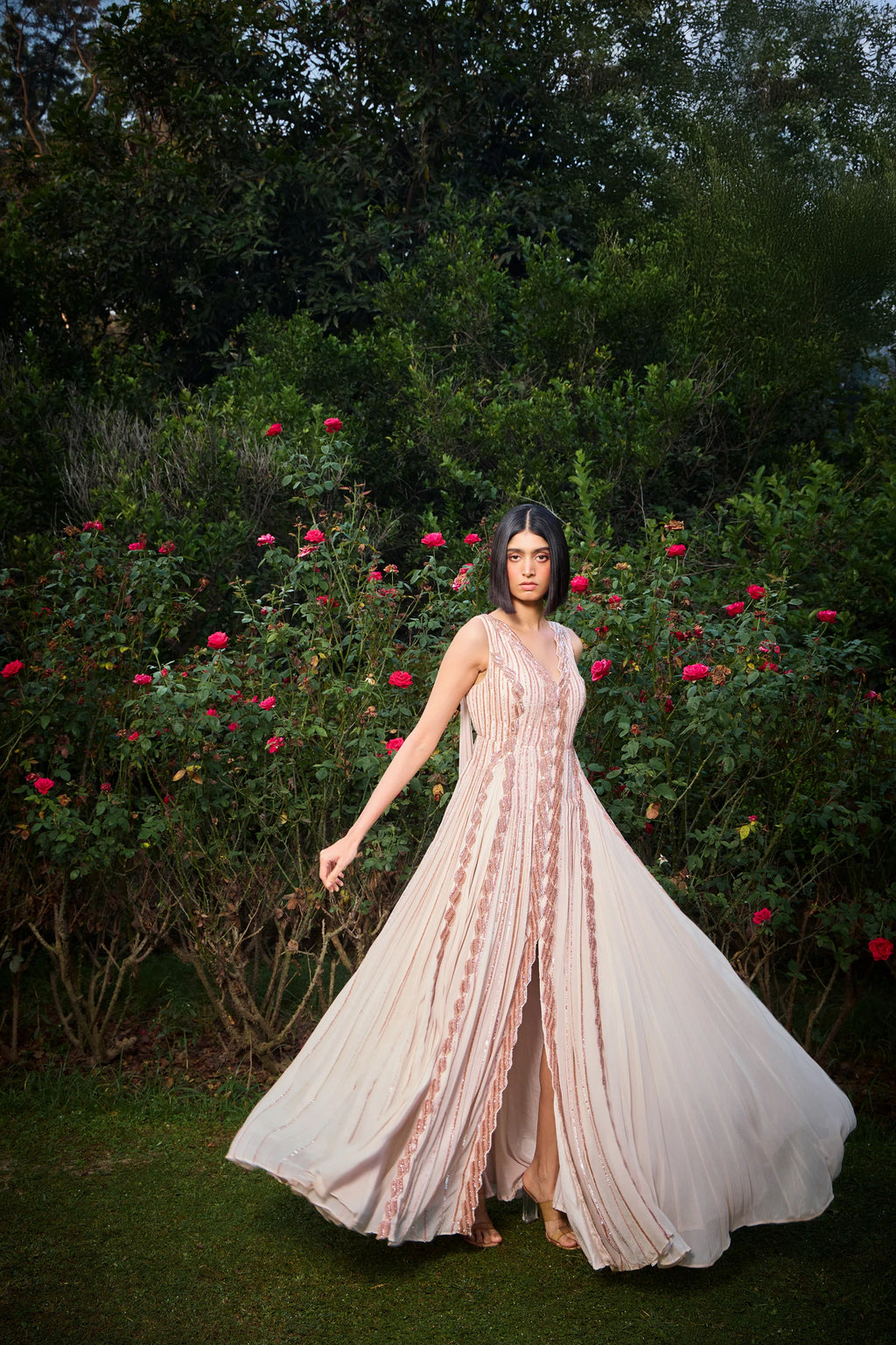 Rose Panelled Hand Embroidered Gown - Radhika Soni