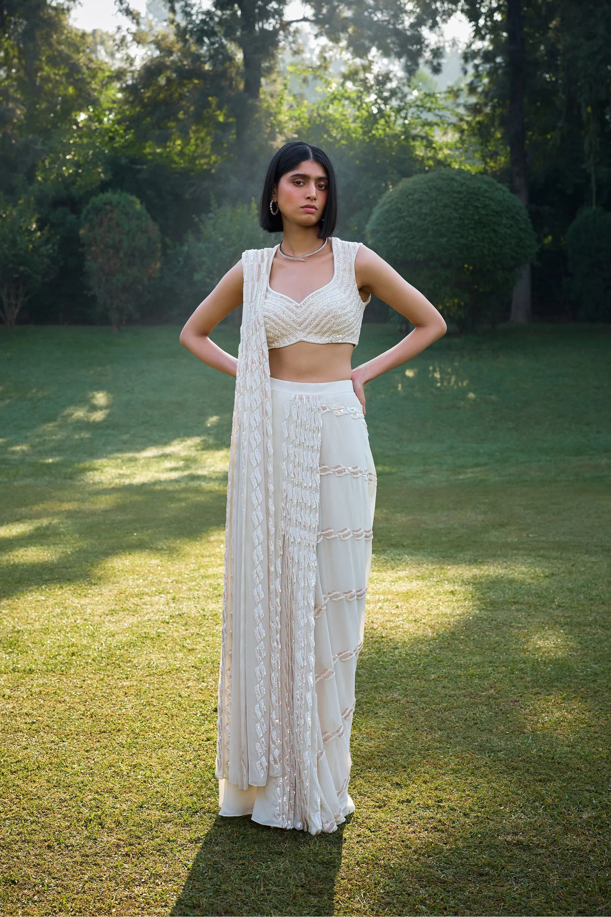 Pearl White Pre-Draped Saree