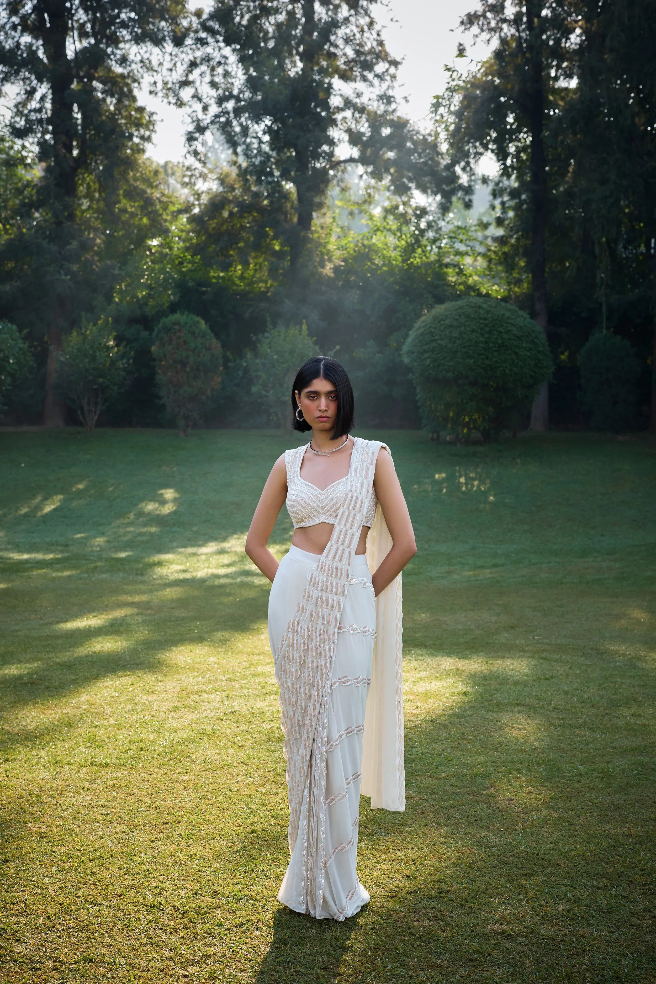 Pearl White Pre Draped Saree - Radhika Soni