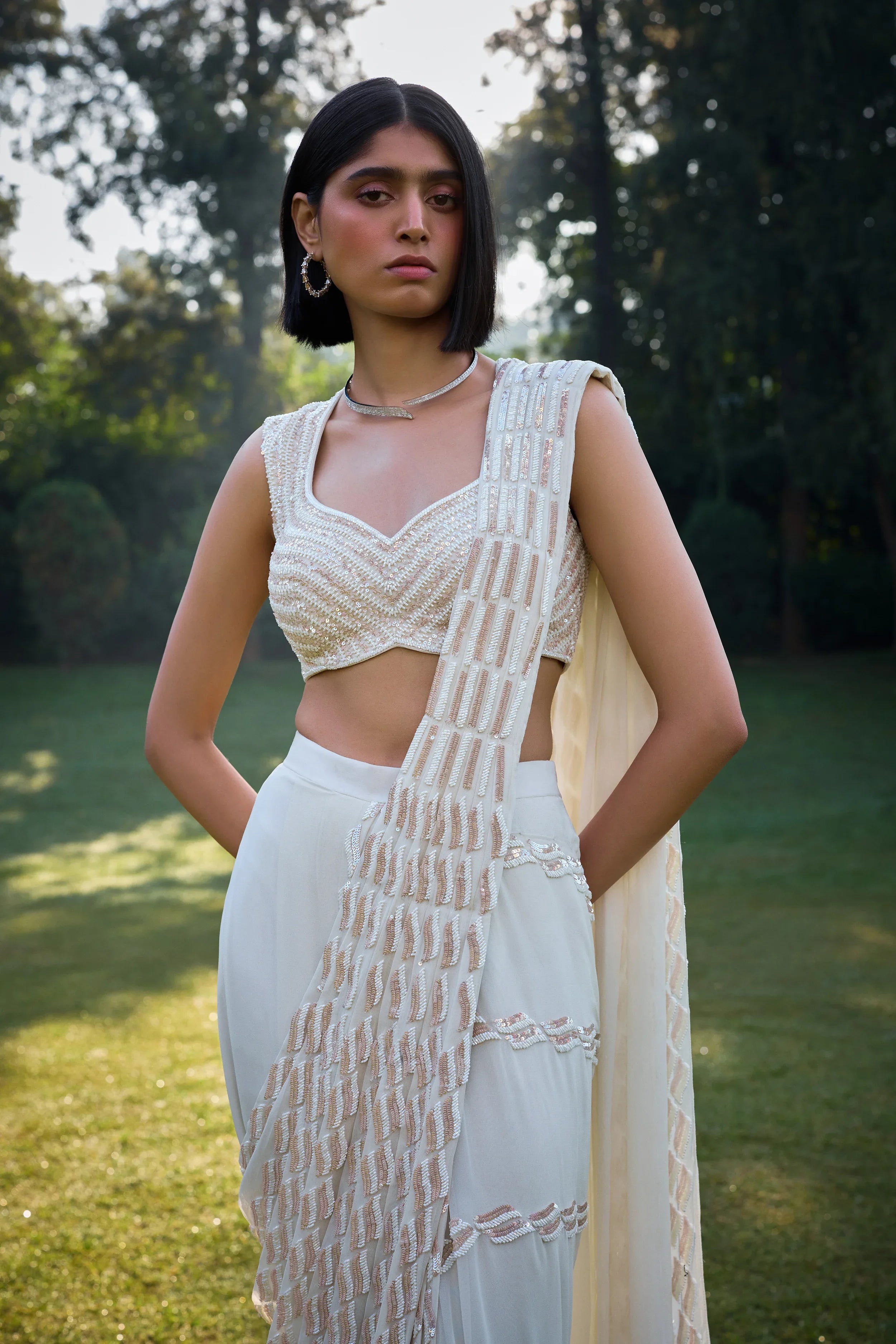 Pearl White Pre Draped Saree - Radhika Soni