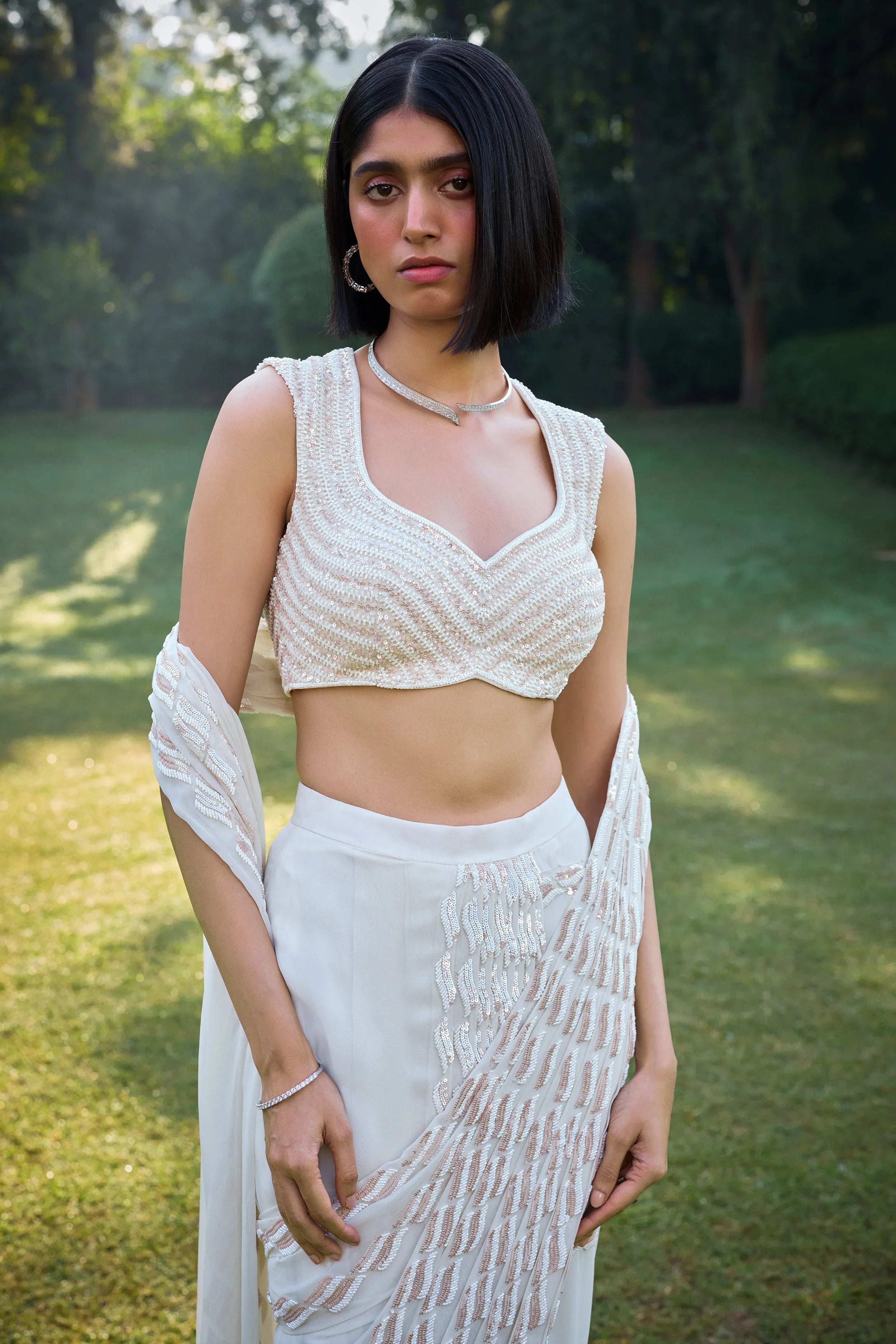 Pearl White Pre Draped Saree - Radhika Soni