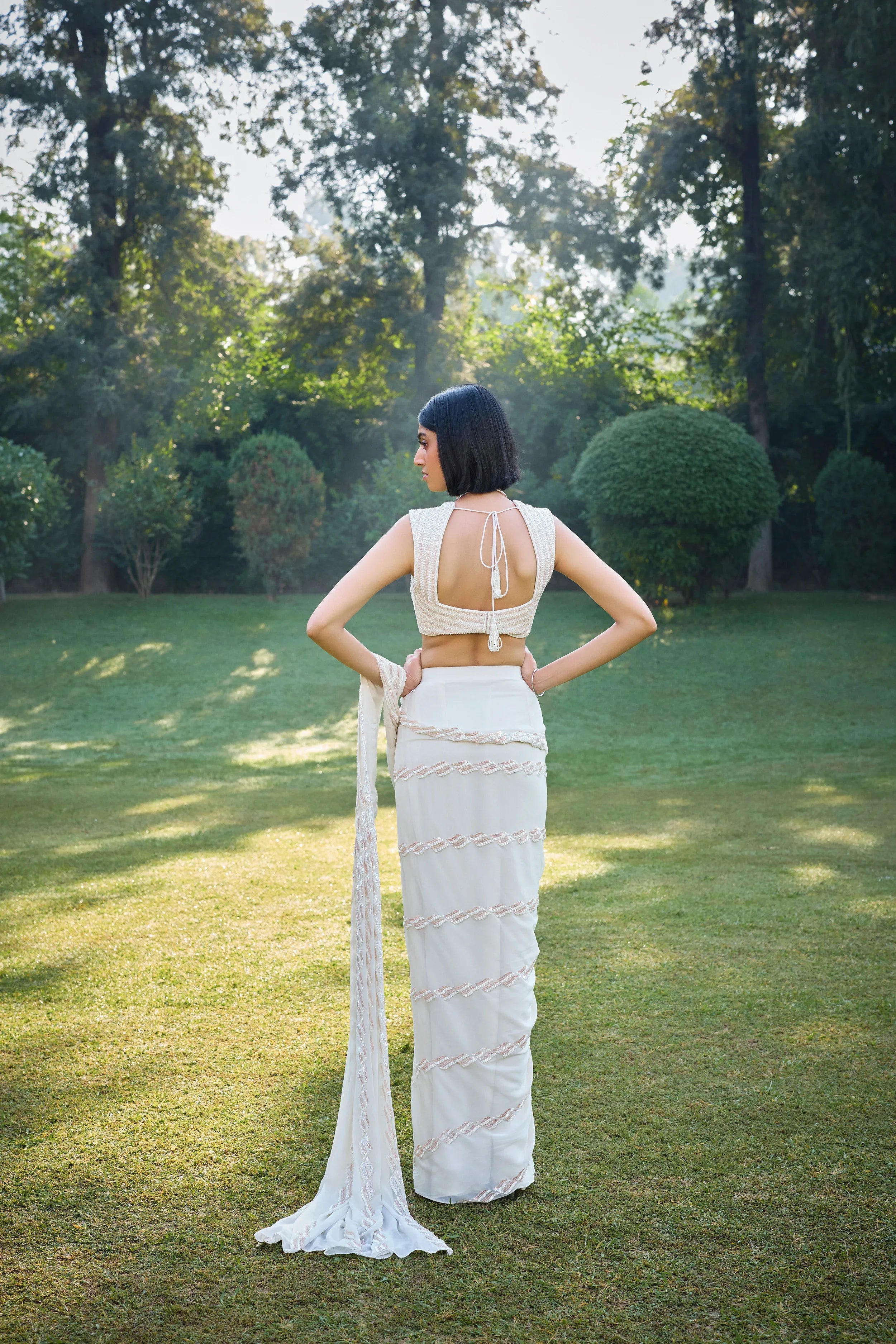 Pearl White Pre Draped Saree - Radhika Soni