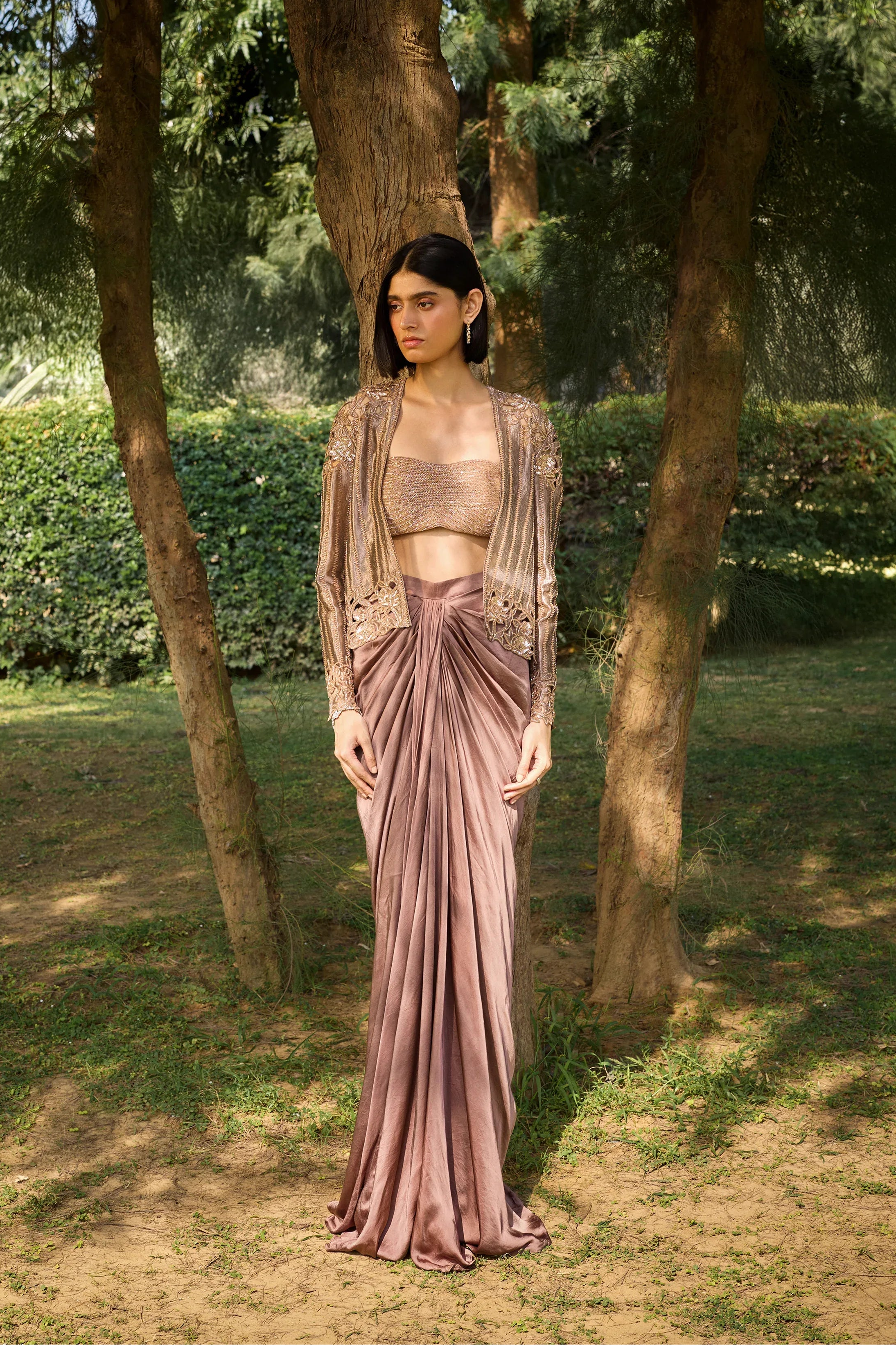 Bronze Cut Work Jacket With Draped Skirt