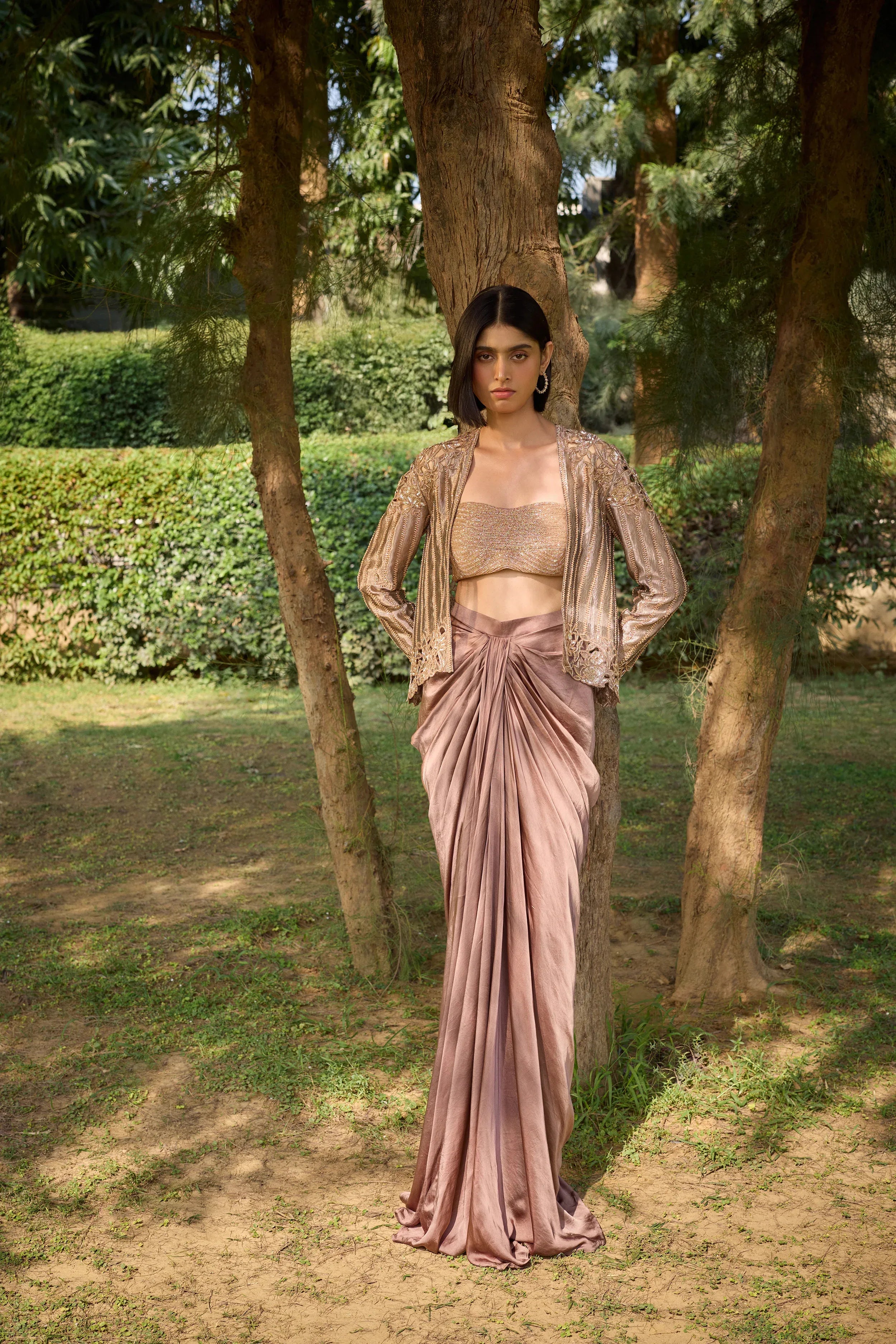 Bronze Cut Work Jacket With Draped Skirt - Radhika Soni